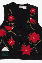 Vintage Black Capacity Cardinals And Poinsettias Ugly Christmas Vest (1990s)