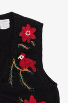 Vintage Black Capacity Cardinals And Poinsettias Ugly Christmas Vest (1990s)