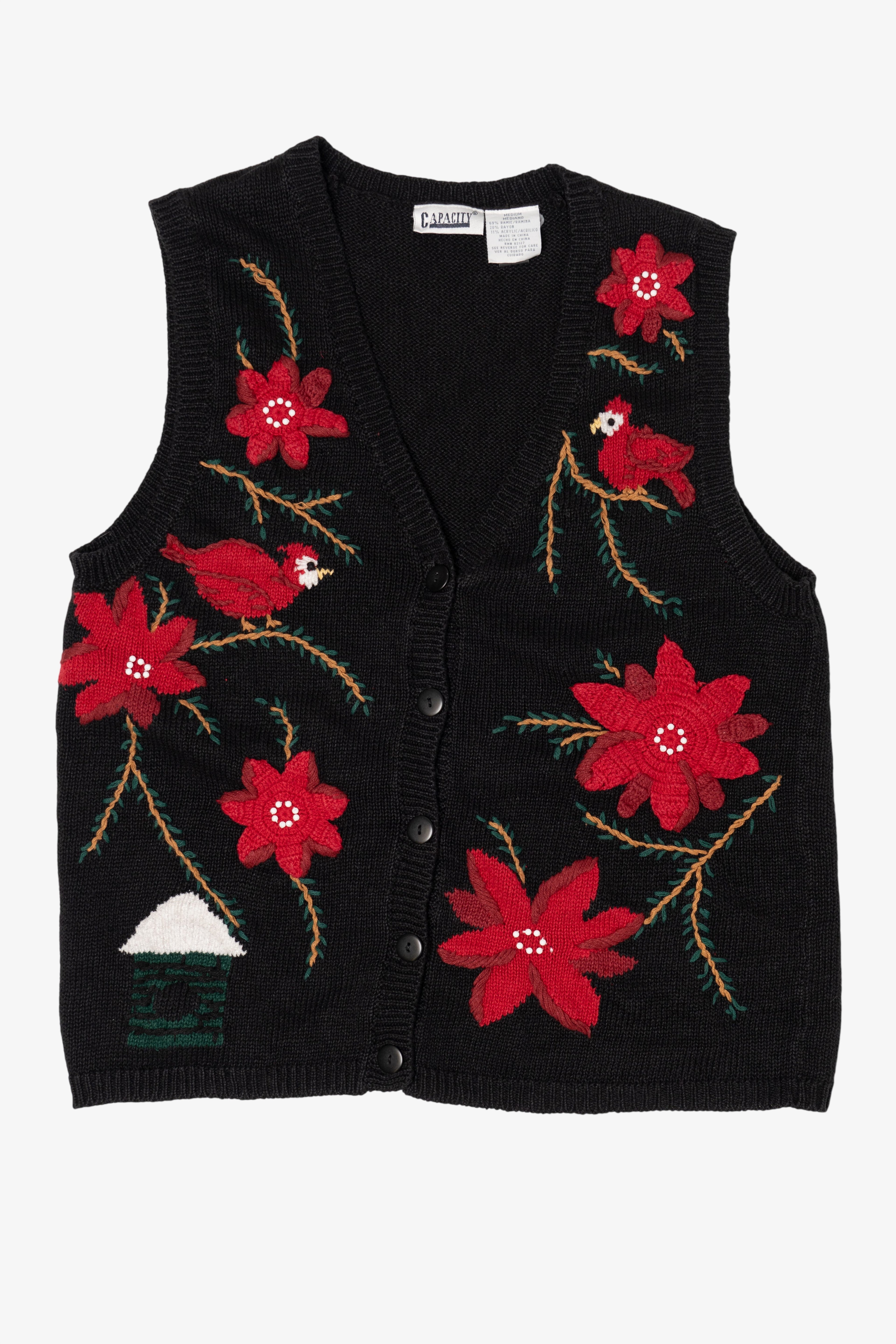 Vintage Black Capacity Cardinals And Poinsettias Ugly Christmas Vest (1990s)