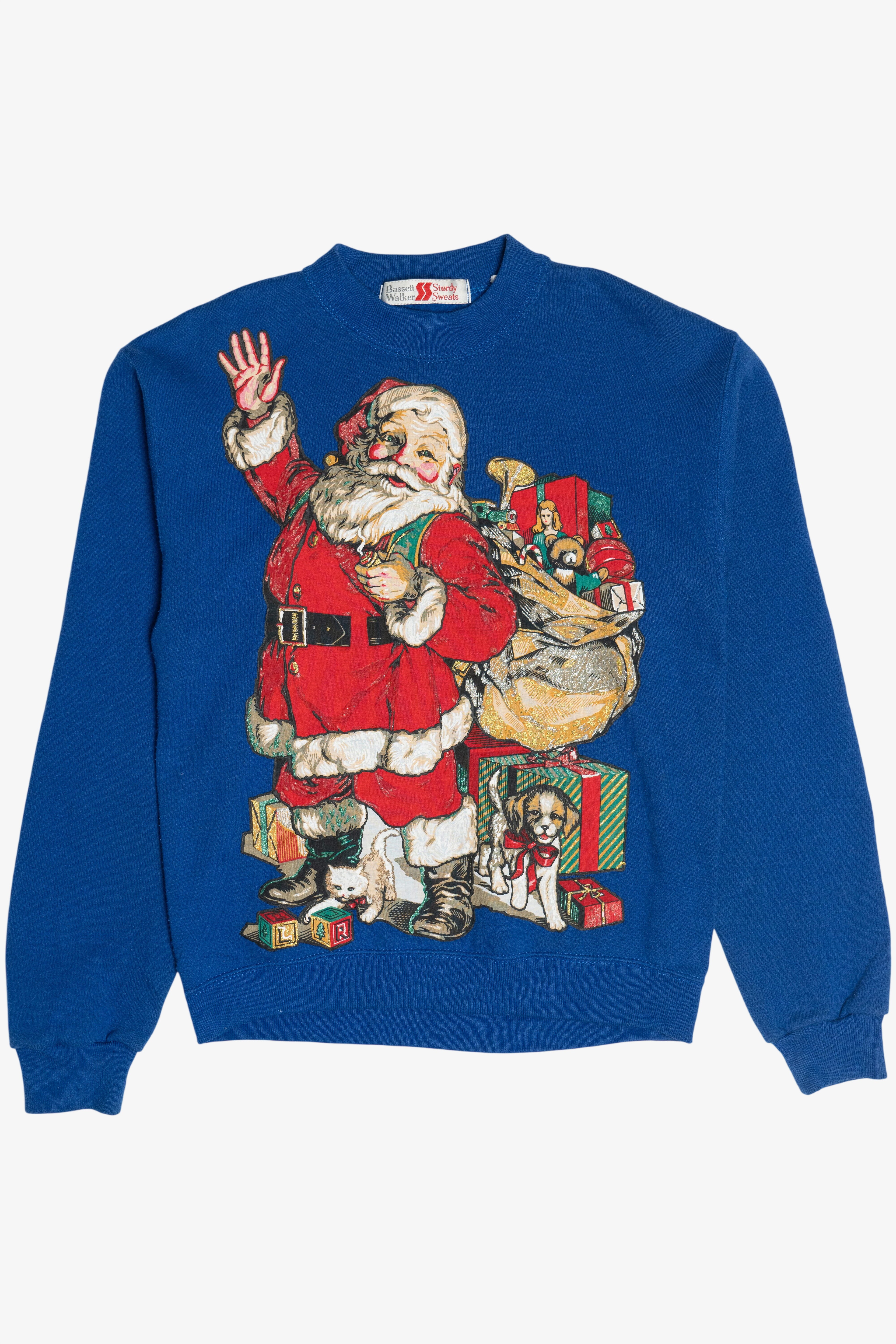 Vintage Waving Santa Giant Iron On Patch Puff Paint Detail Ugly Christmas Sweatshirt (1990s)