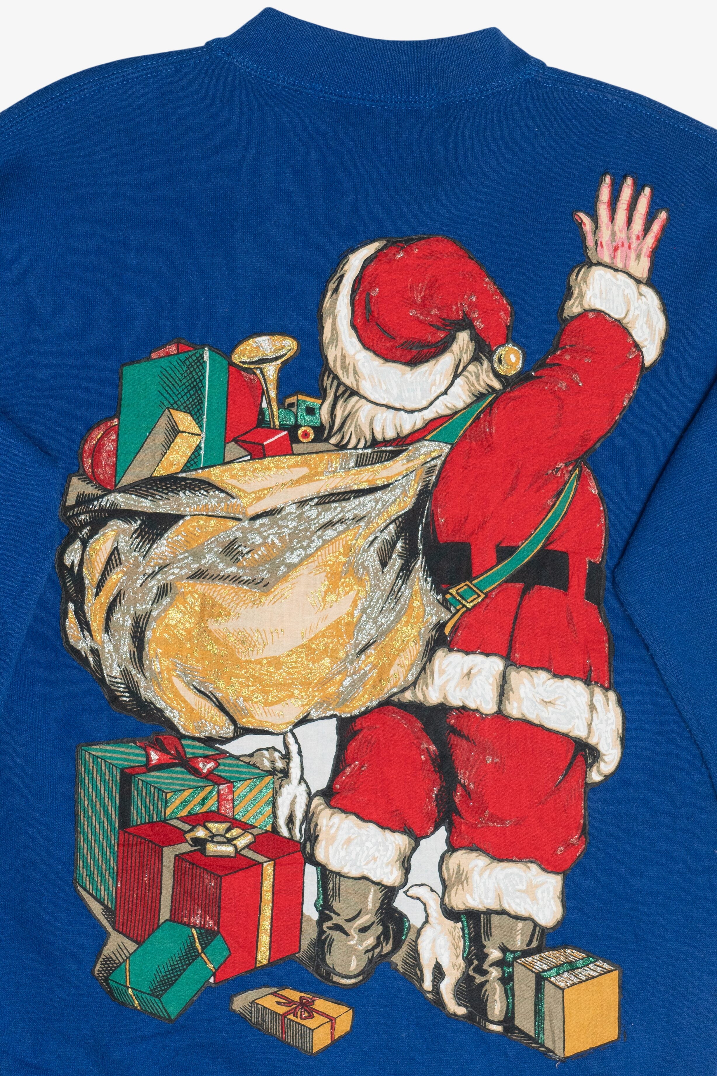 Vintage Waving Santa Giant Iron On Patch Puff Paint Detail Ugly Christmas Sweatshirt (1990s)