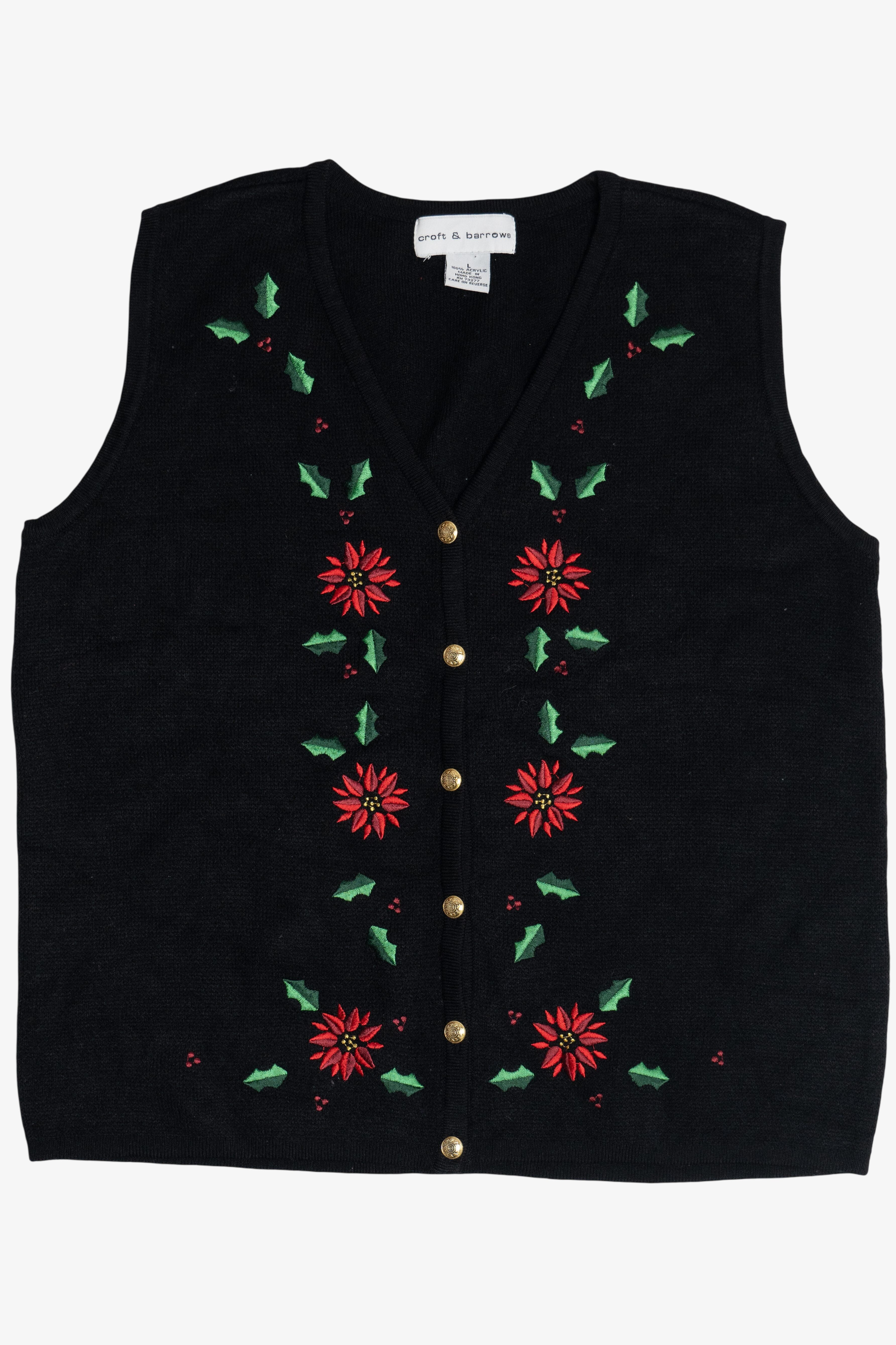 Vintage Embroidered Poinsettias Ugly Christmas Vest (1990s)