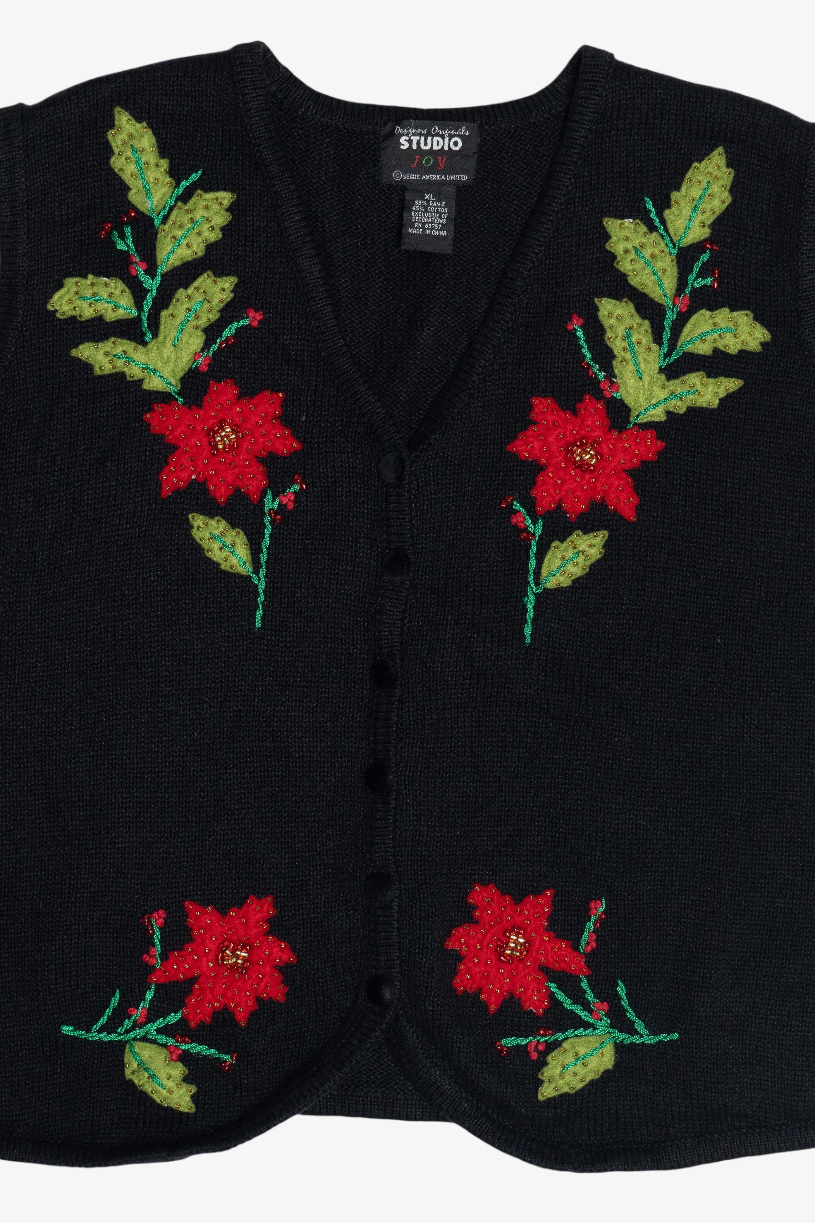 Vintage Poinsettia Stems Ugly Christmas Vest (1990s)