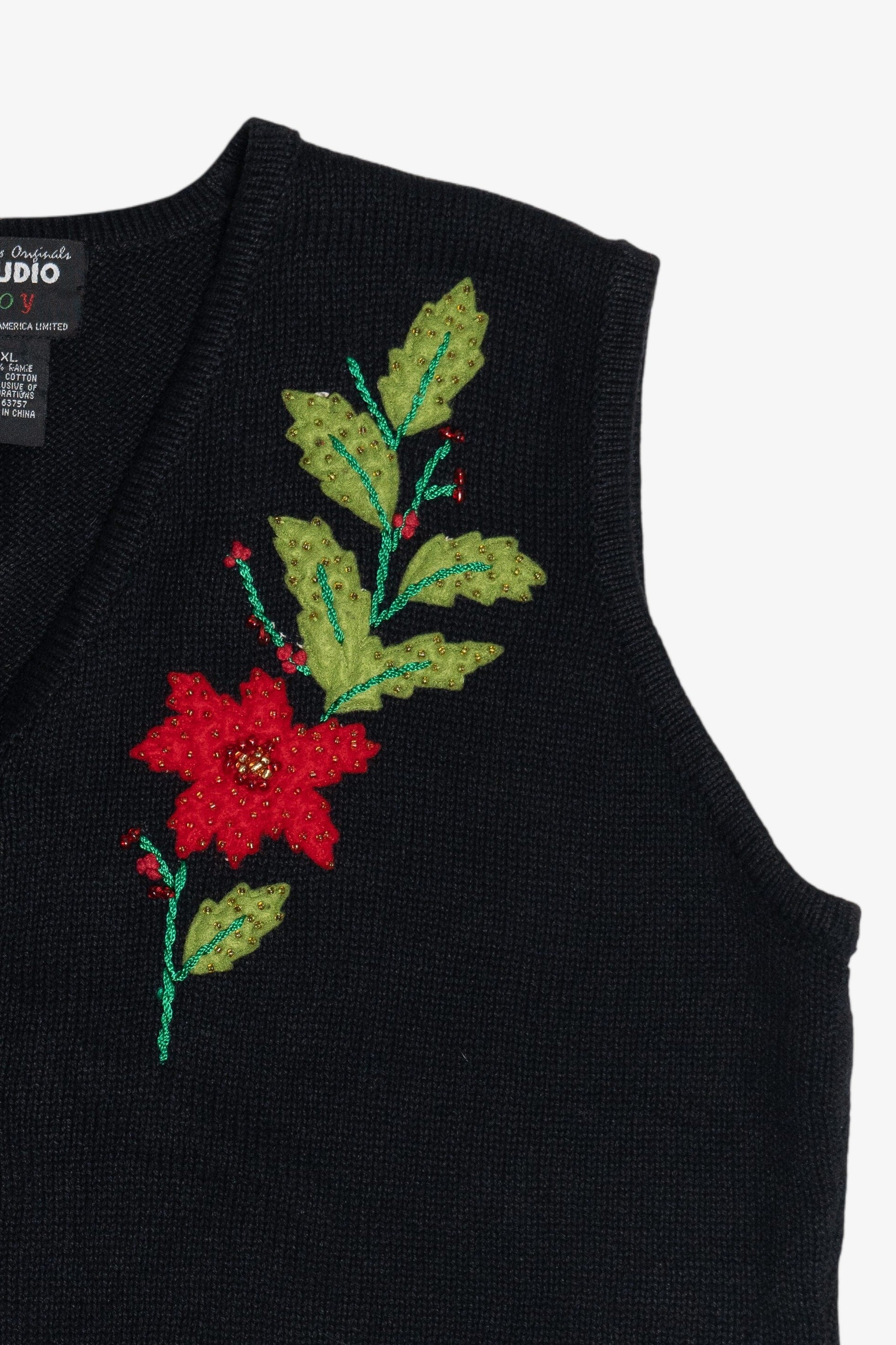 Vintage Poinsettia Stems Ugly Christmas Vest (1990s)
