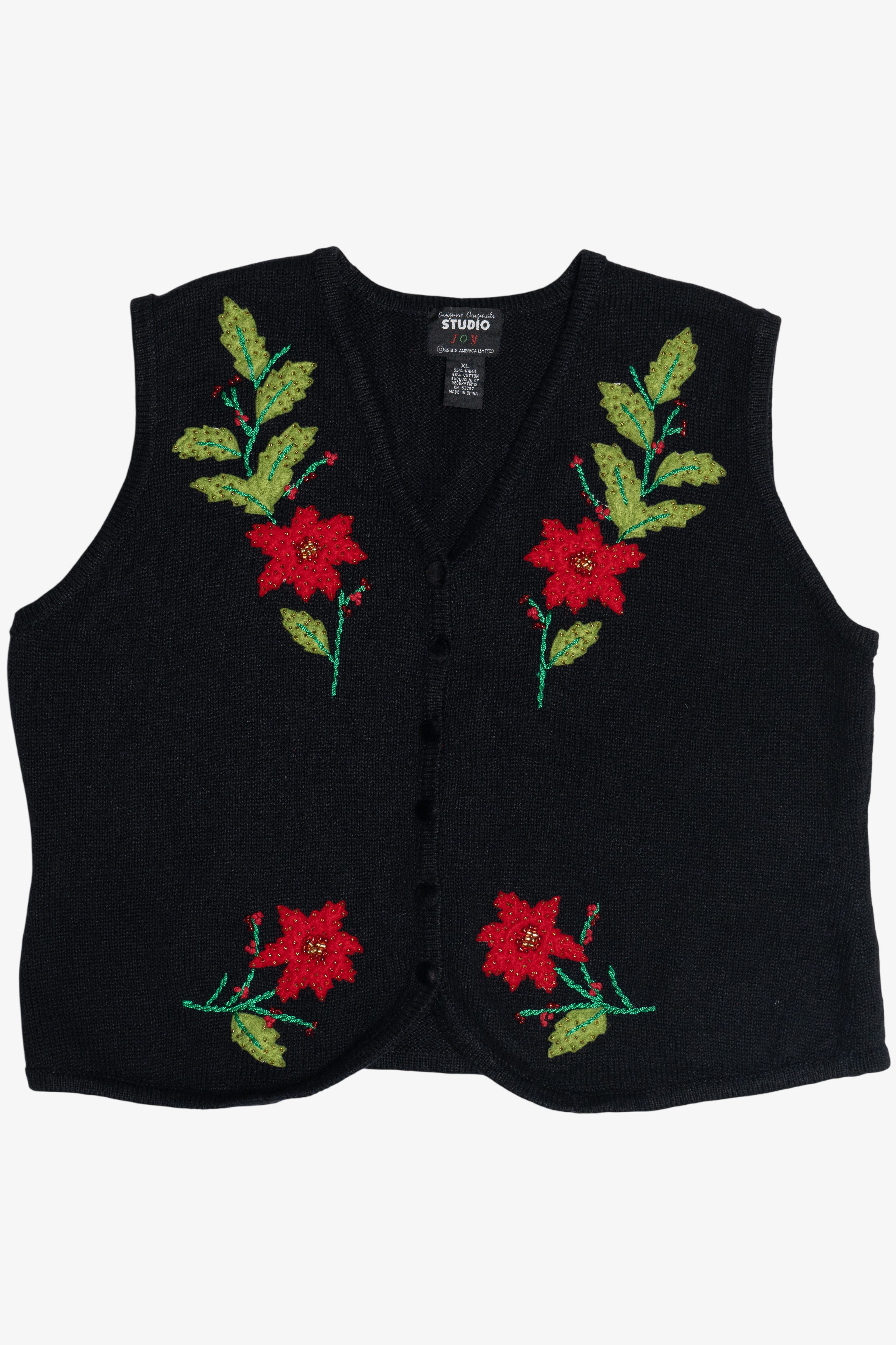 Vintage Poinsettia Stems Ugly Christmas Vest (1990s)