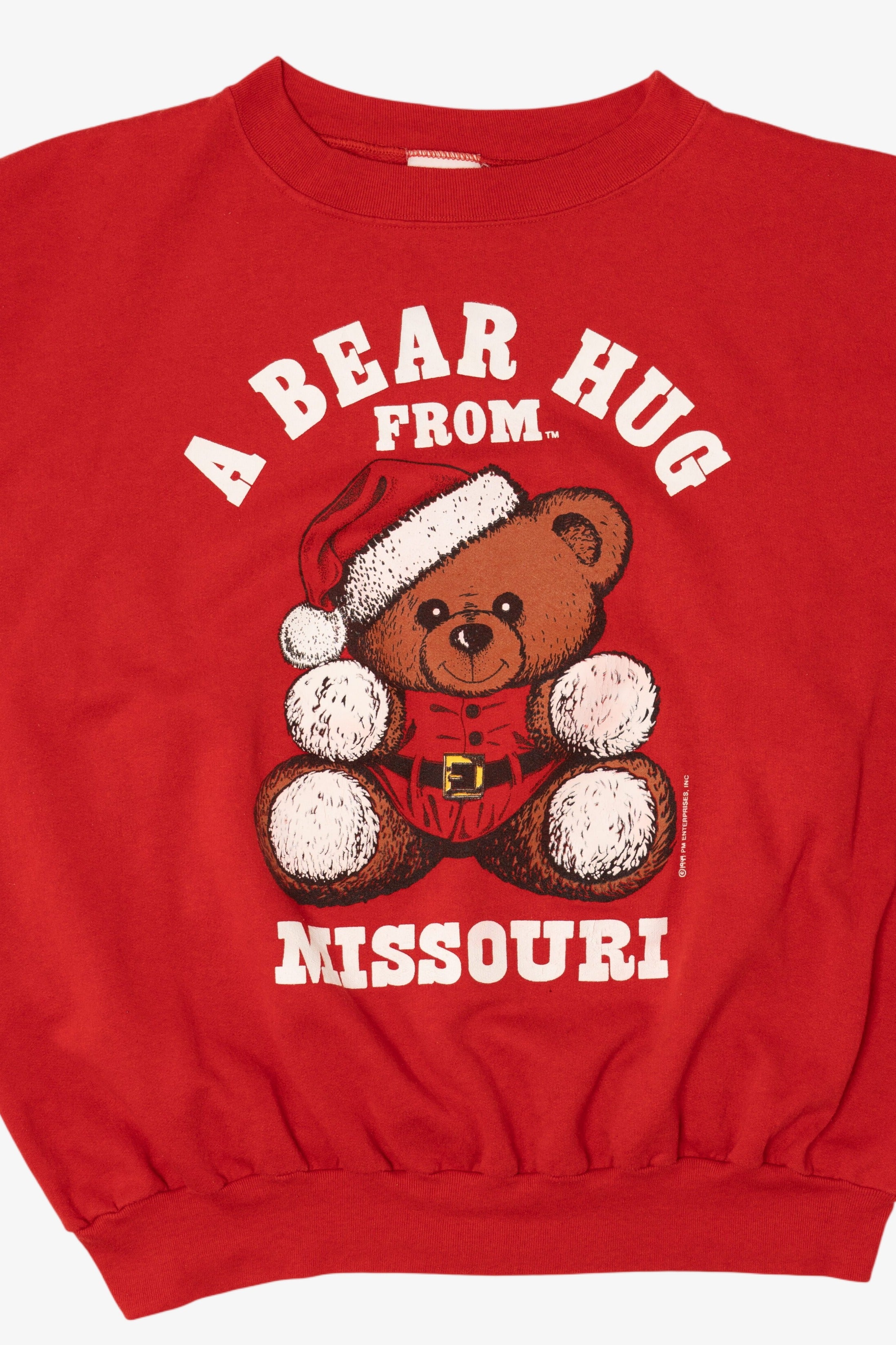 Vintage Red Teddy Bear Santa "A Bear Hug From Missouri" Ugly Christmas Sweatshirt (1990s)