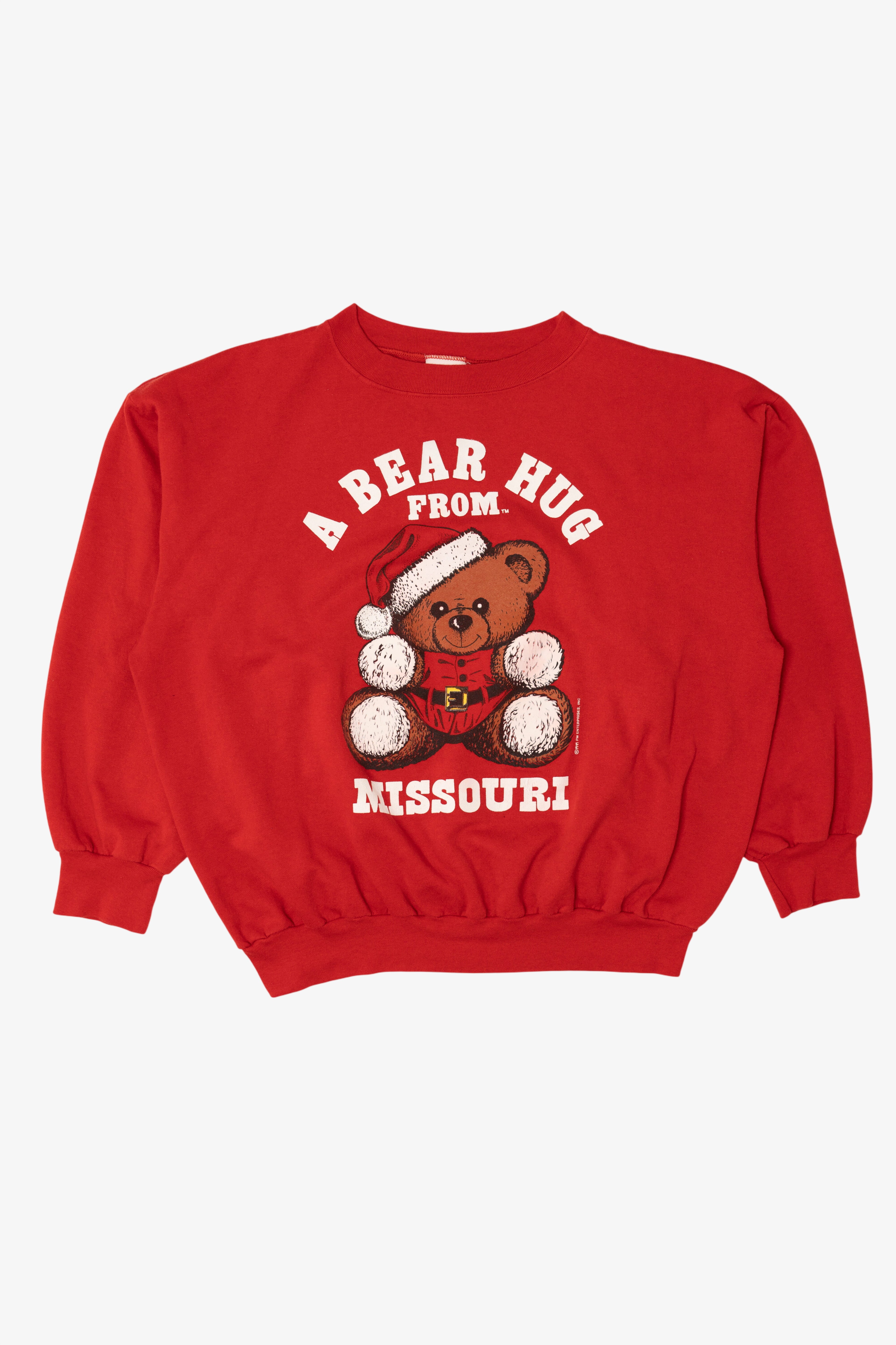 Vintage Red Teddy Bear Santa "A Bear Hug From Missouri" Ugly Christmas Sweatshirt (1990s)