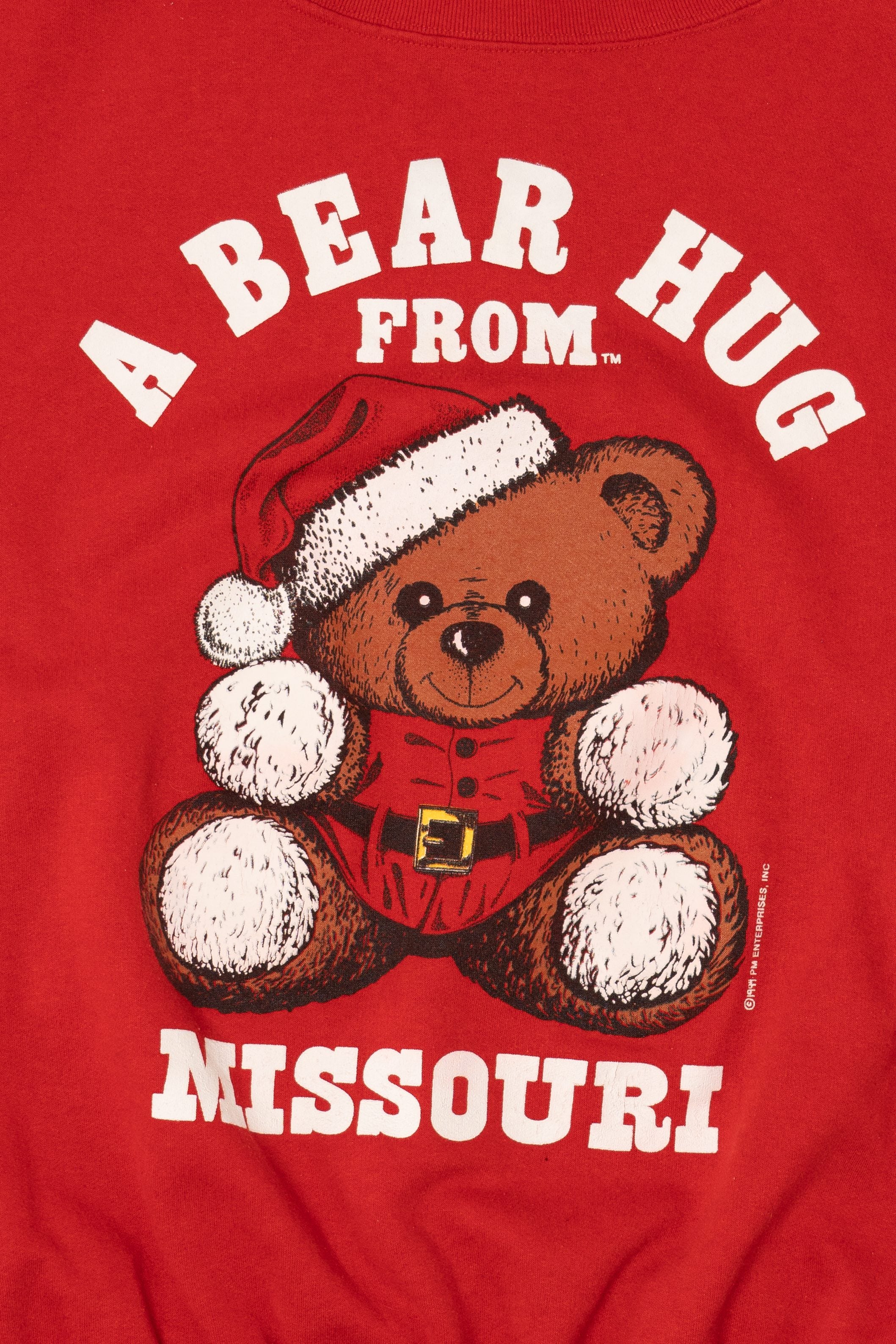 Vintage Red Teddy Bear Santa "A Bear Hug From Missouri" Ugly Christmas Sweatshirt (1990s)