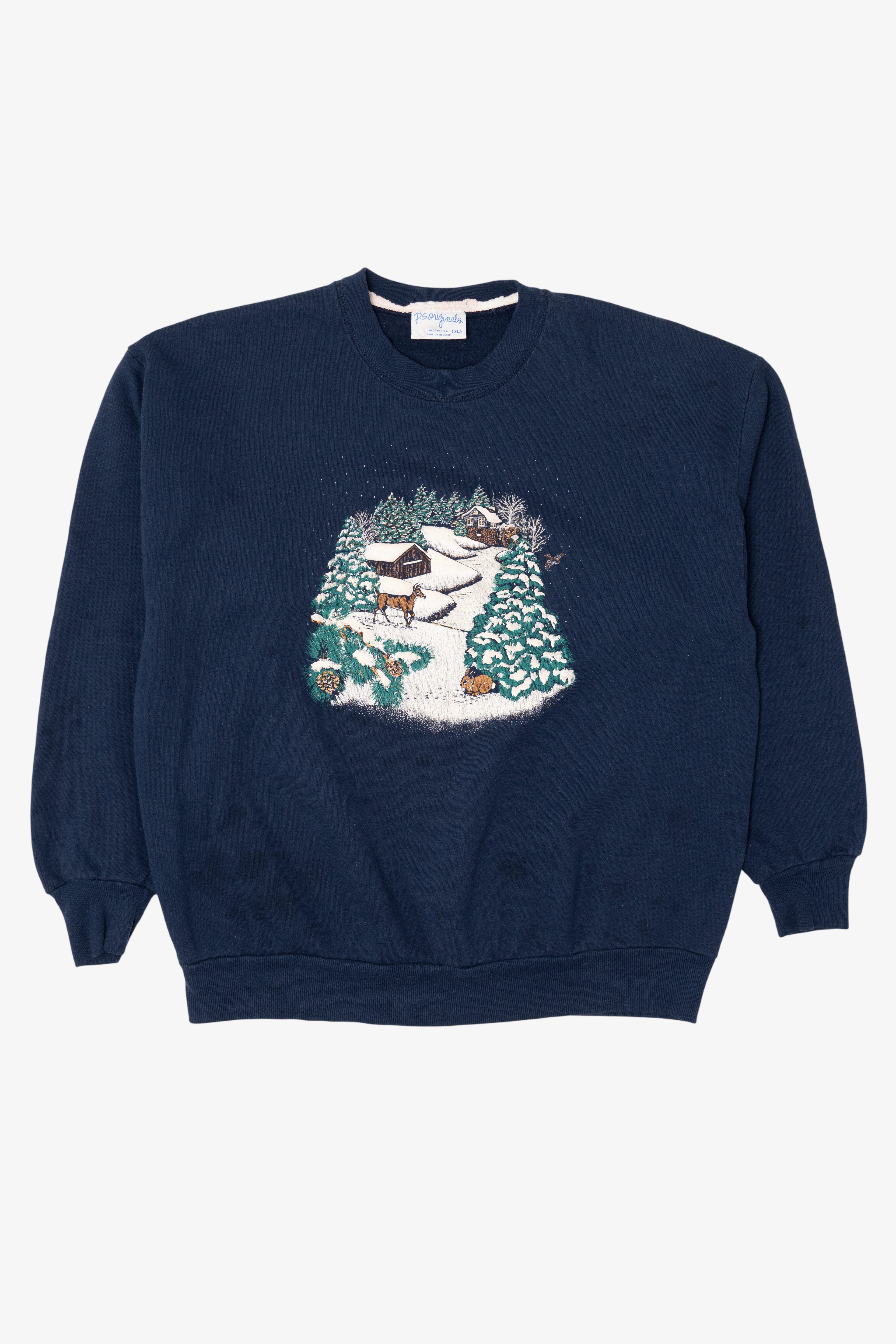 Vintage Navy Blue P.S Originals Winter Landscape Christmas Sweatshirt (1990s)