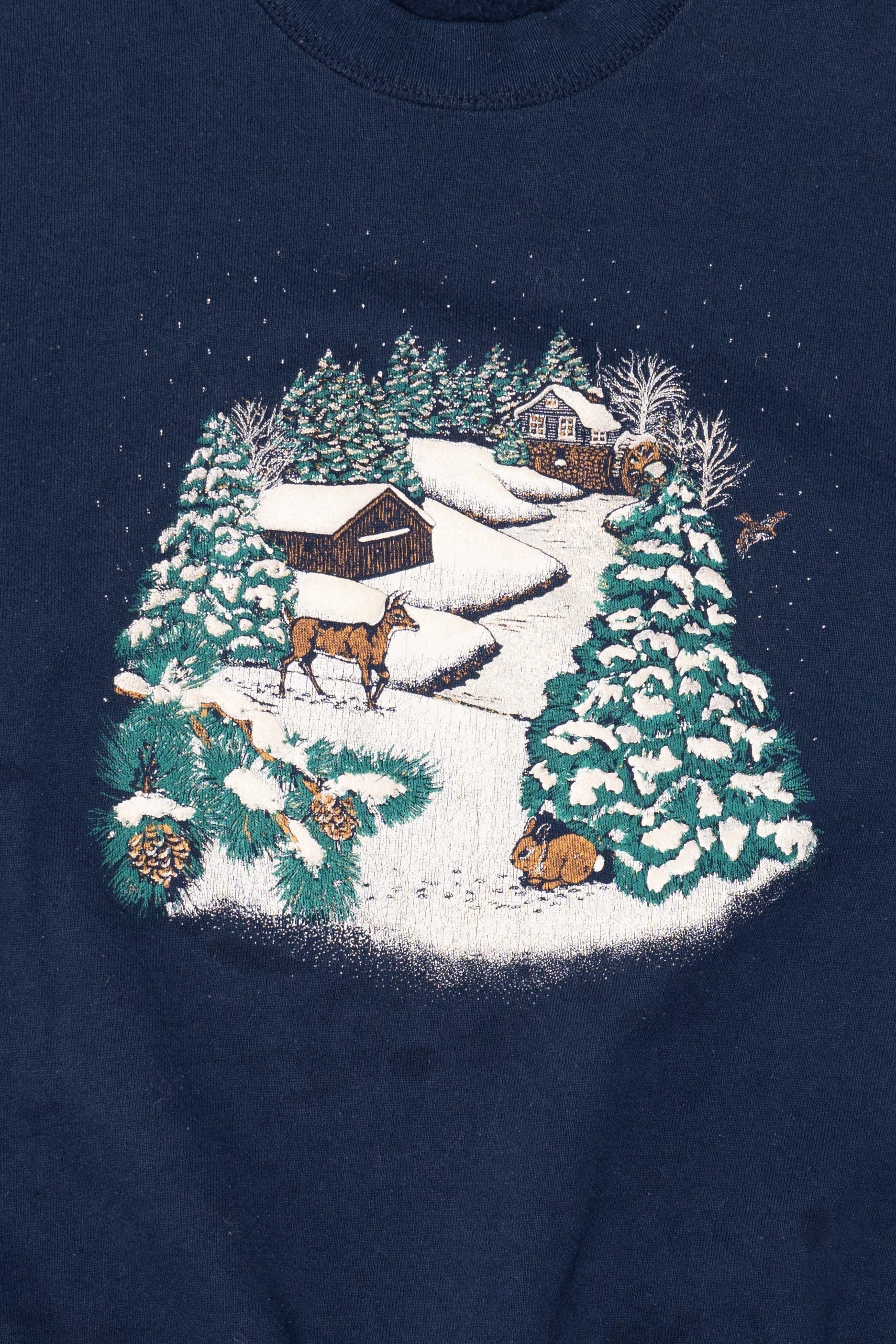 Vintage Navy Blue P.S Originals Winter Landscape Christmas Sweatshirt (1990s)