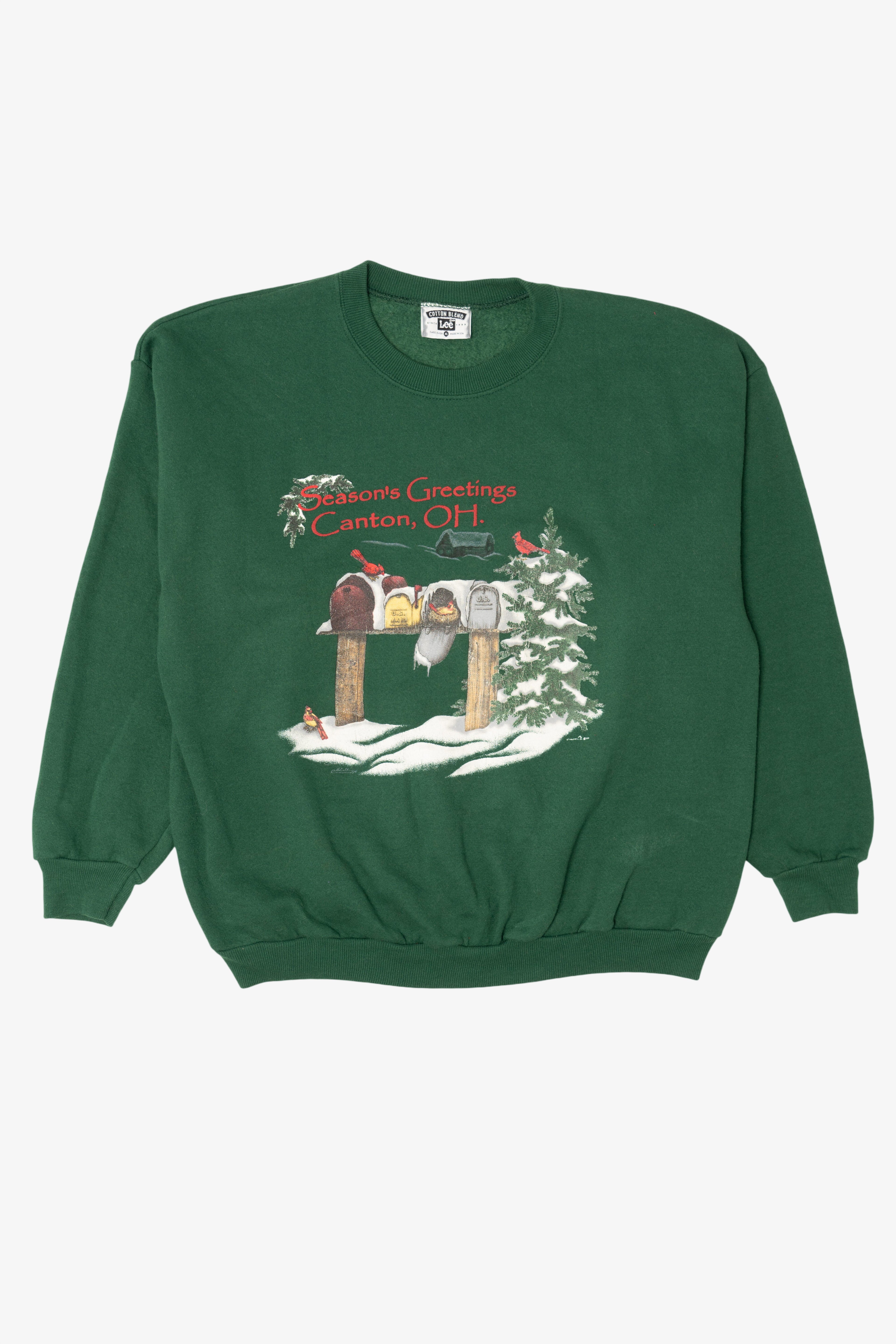 Vintage Dark Green Lee "Season's Greeting Canton, Ohio" Ugly Christmas Sweatshirt (1990s)