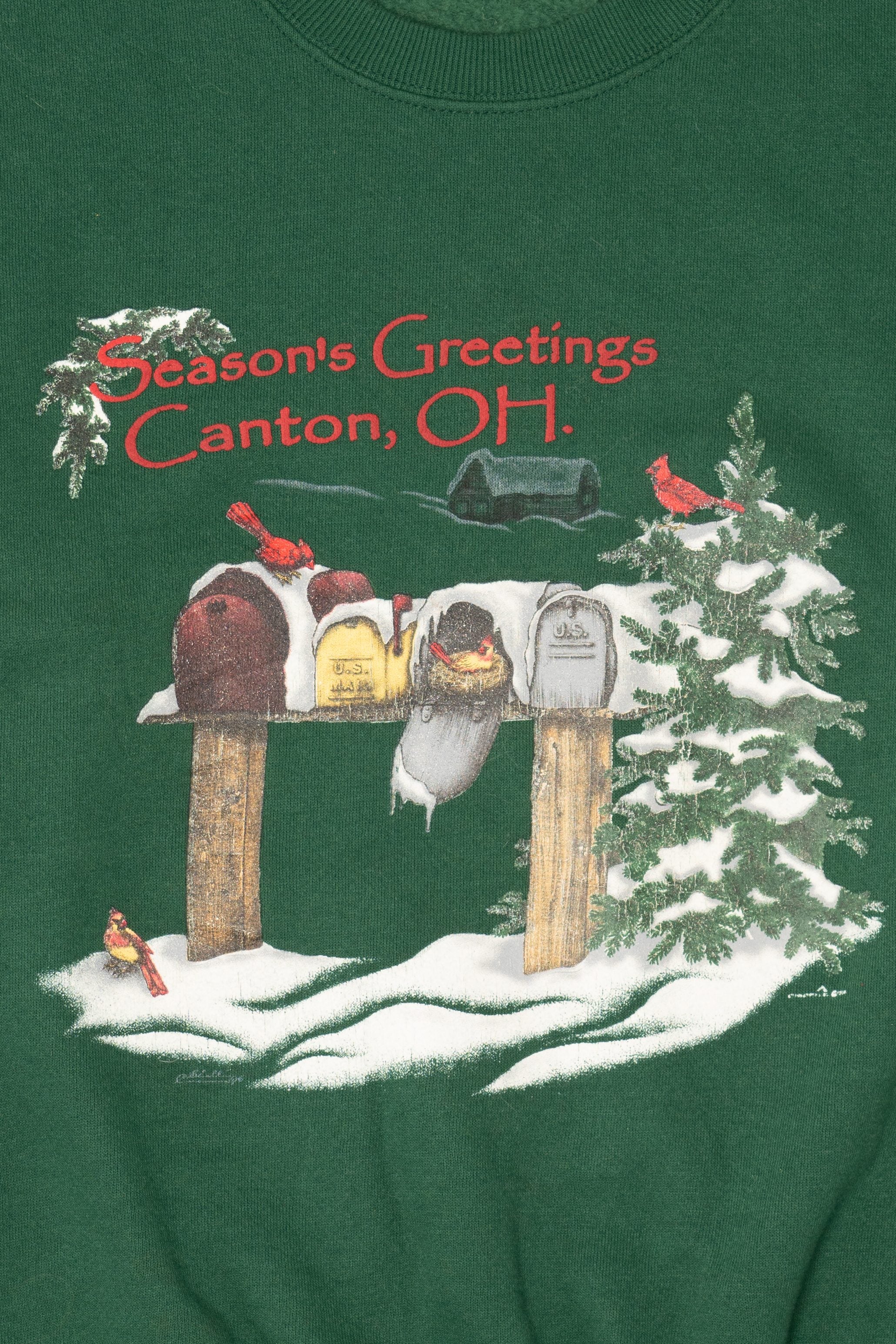 Vintage Dark Green Lee "Season's Greeting Canton, Ohio" Ugly Christmas Sweatshirt (1990s)