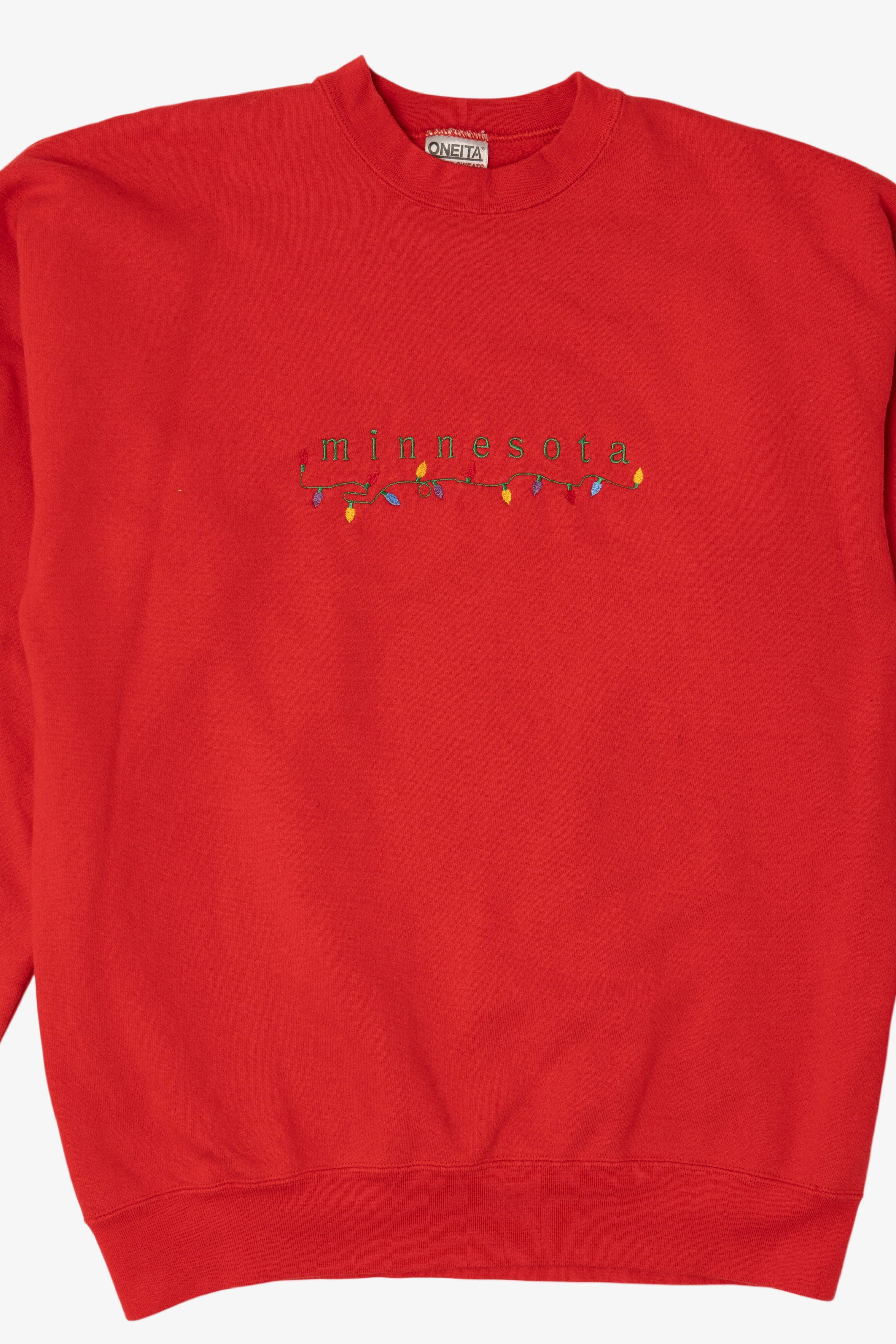 Vintage Red Oneita Embroidered "Minnesota" Lights Ugly Christmas Sweatshirt (1990s)