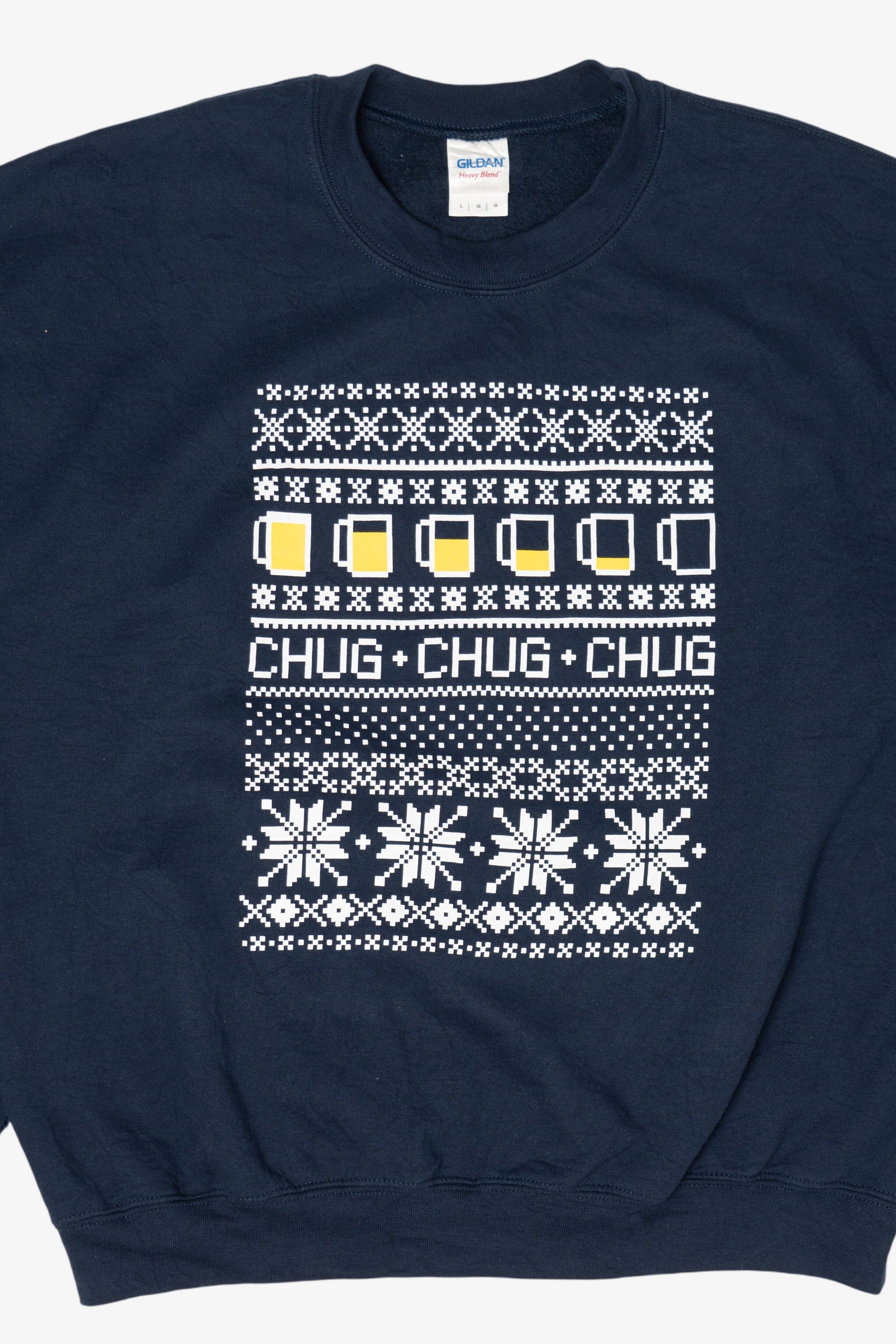 Navy Blue Gildan "Chug Chug Chug" Ugly Christmas Sweatshirt (2010s)