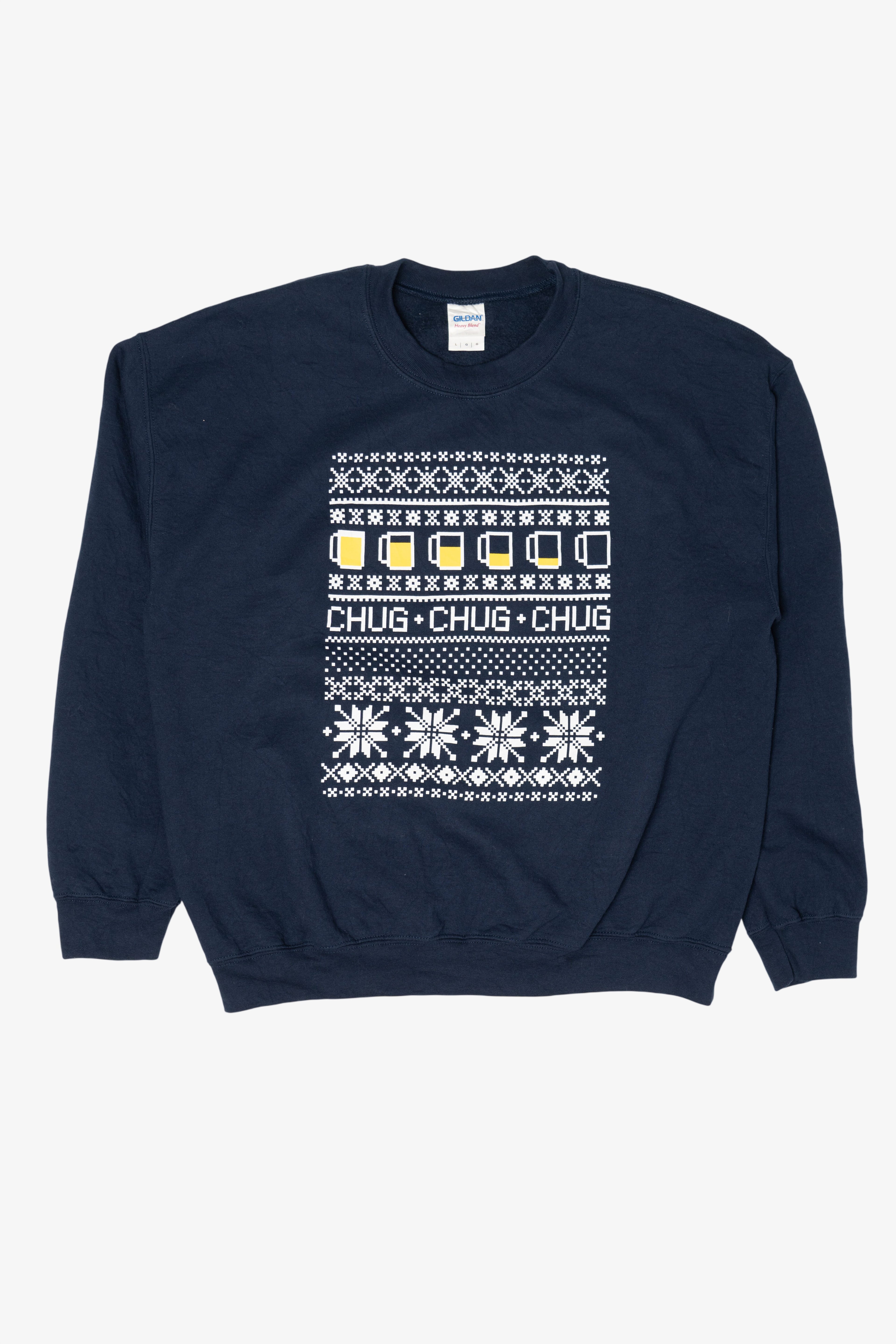 Navy Blue Gildan "Chug Chug Chug" Ugly Christmas Sweatshirt (2010s)
