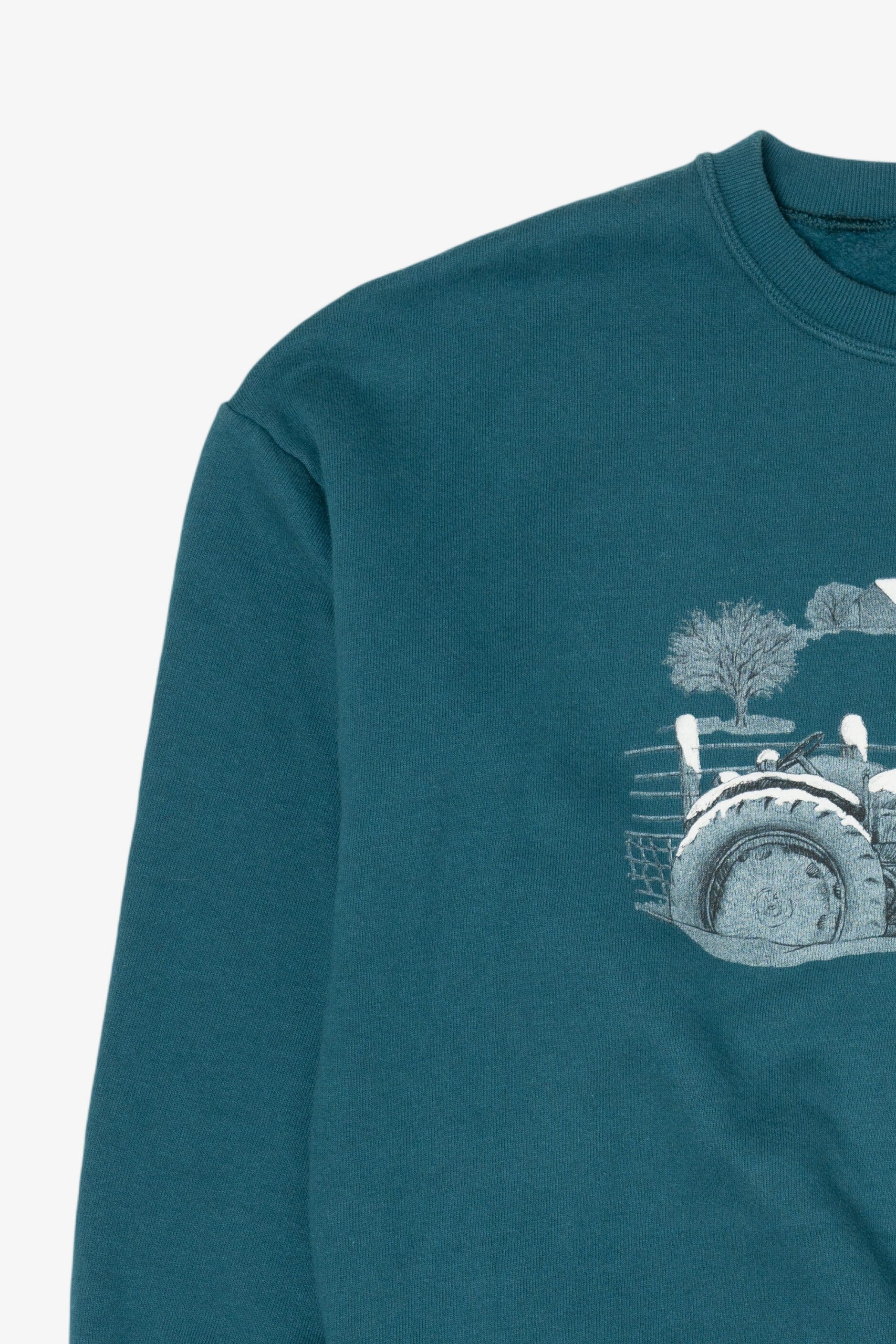 Vintage Teal Jerzees Winter Tractor Ugly Christmas Sweatshirt (1990s)