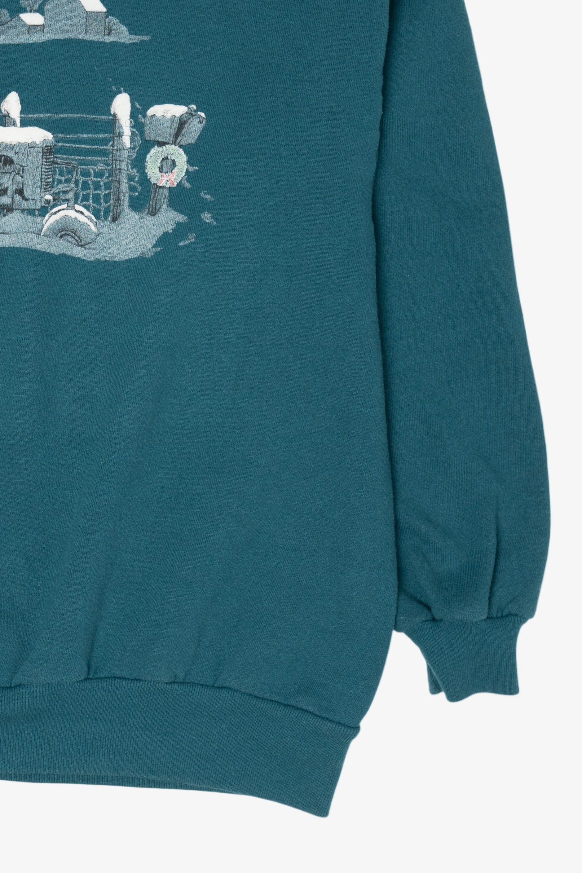 Vintage Teal Jerzees Winter Tractor Ugly Christmas Sweatshirt (1990s)