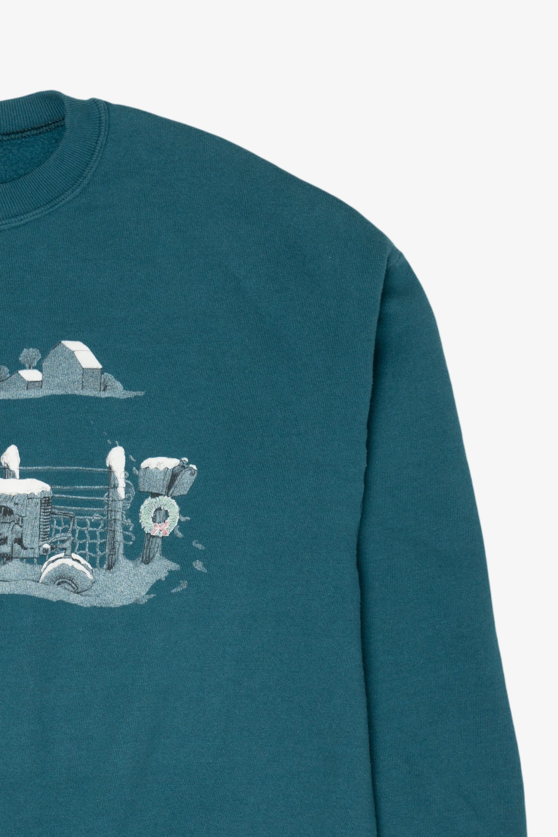 Vintage Teal Jerzees Winter Tractor Ugly Christmas Sweatshirt (1990s)
