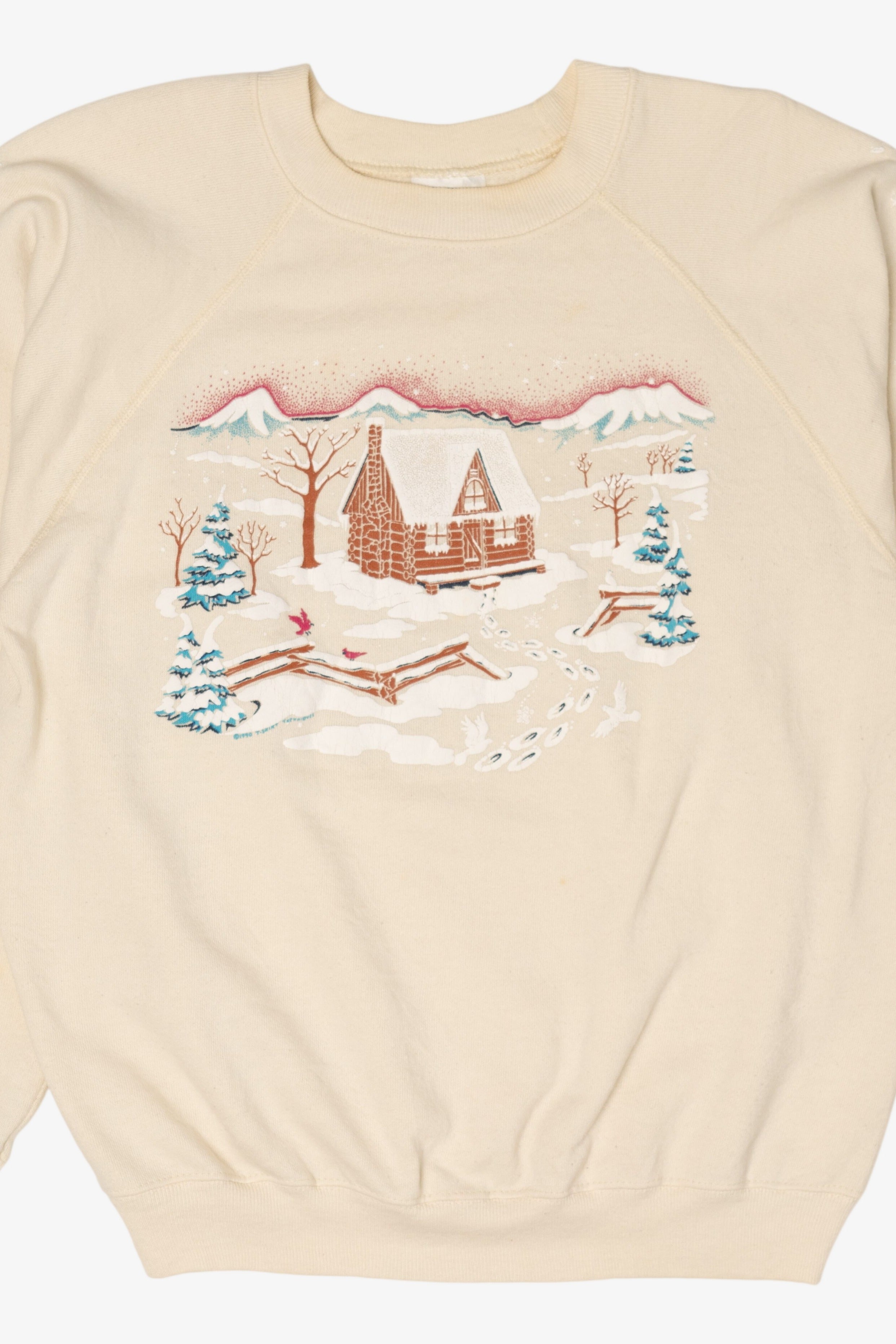 Vintage Embossed Winter Cabin Raglan Ugly Christmas Sweatshirt (1990s)