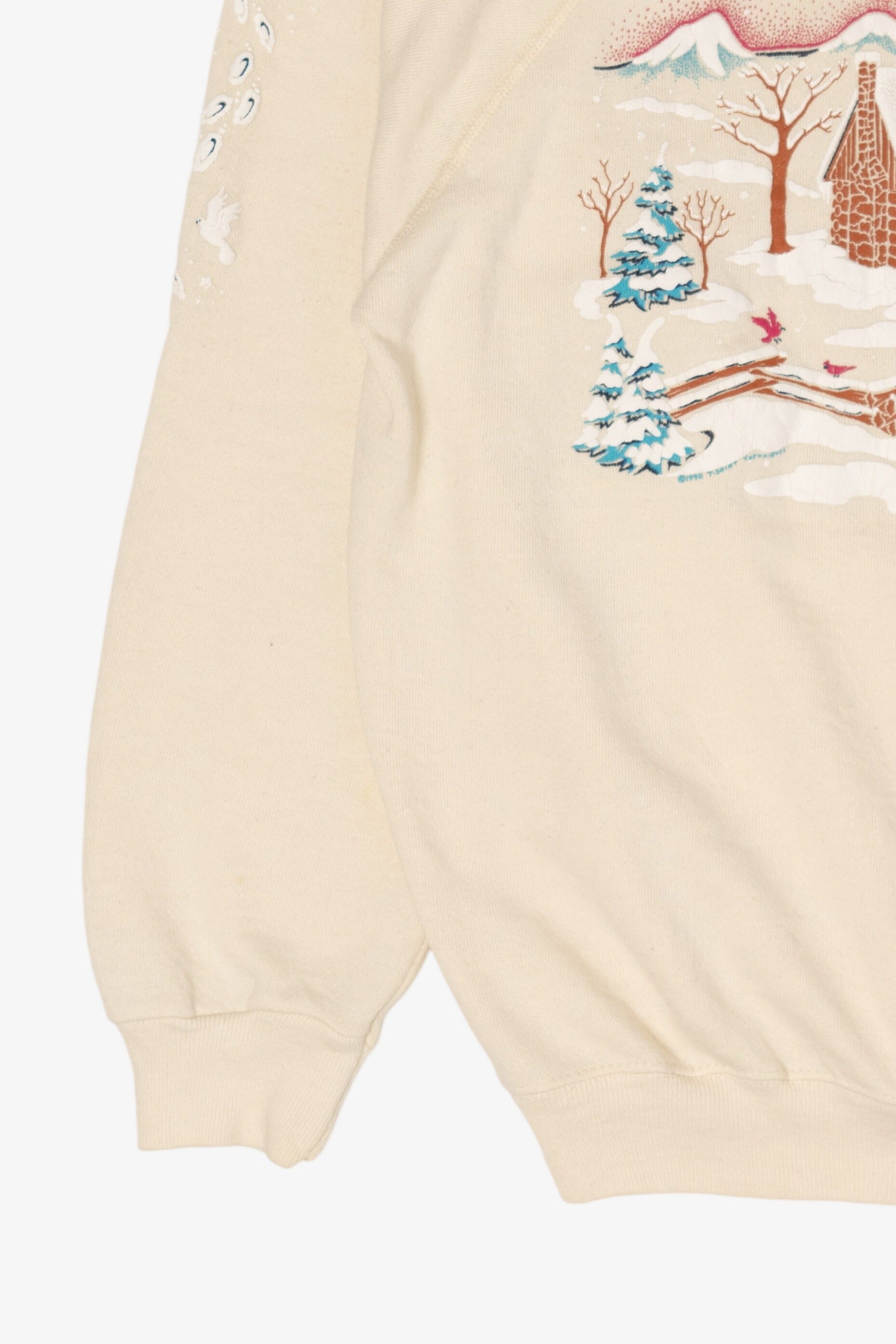 Vintage Embossed Winter Cabin Raglan Ugly Christmas Sweatshirt (1990s)