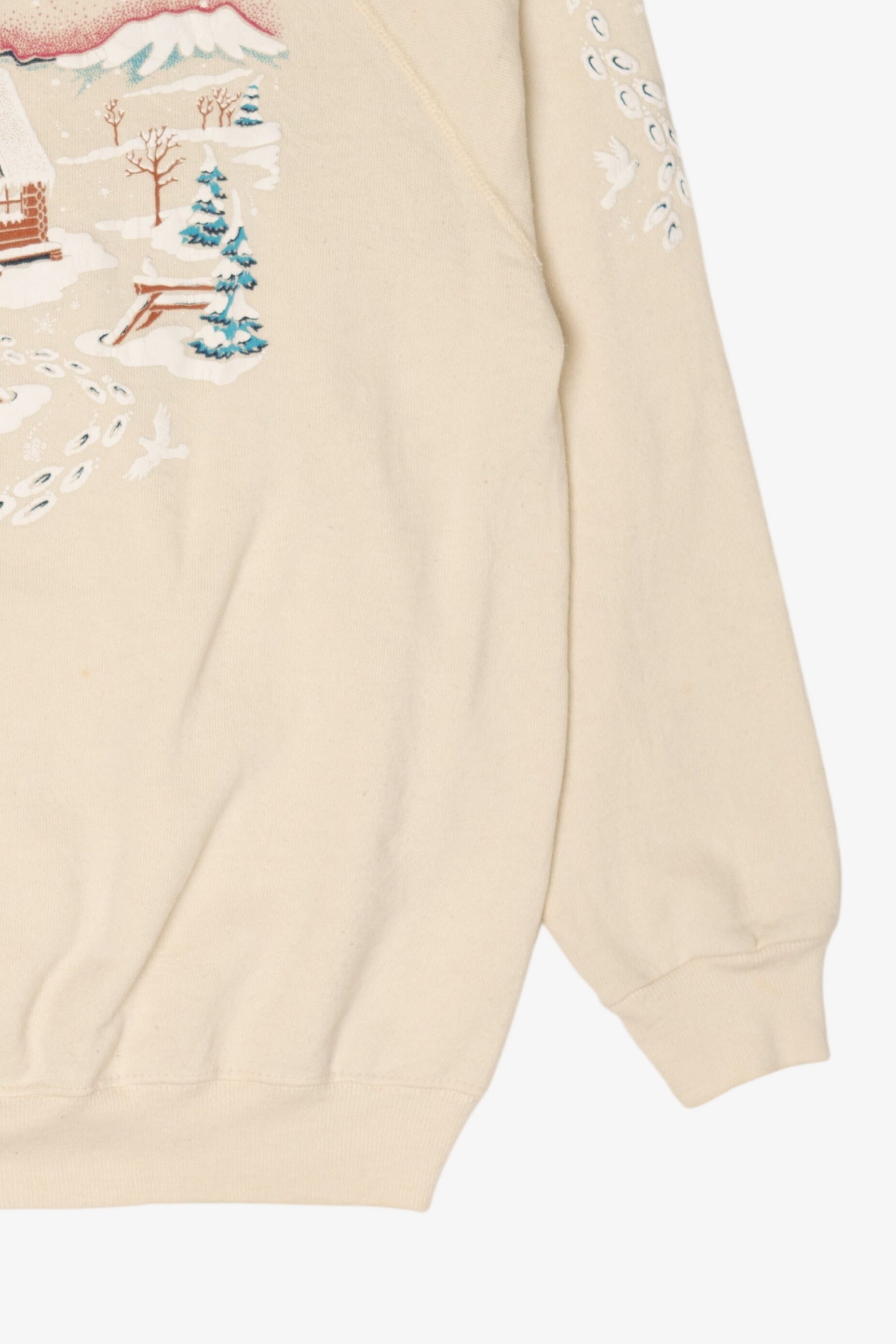 Vintage Embossed Winter Cabin Raglan Ugly Christmas Sweatshirt (1990s)
