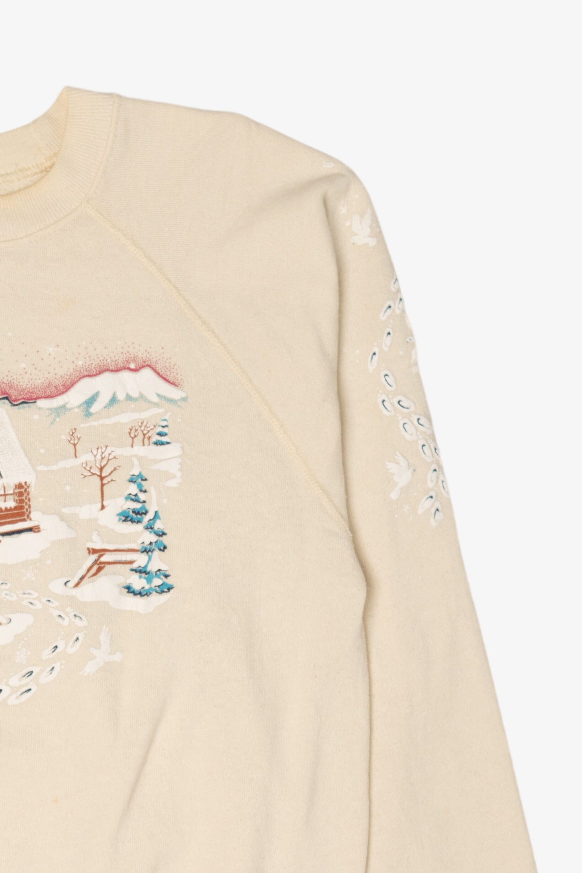 Vintage Embossed Winter Cabin Raglan Ugly Christmas Sweatshirt (1990s)