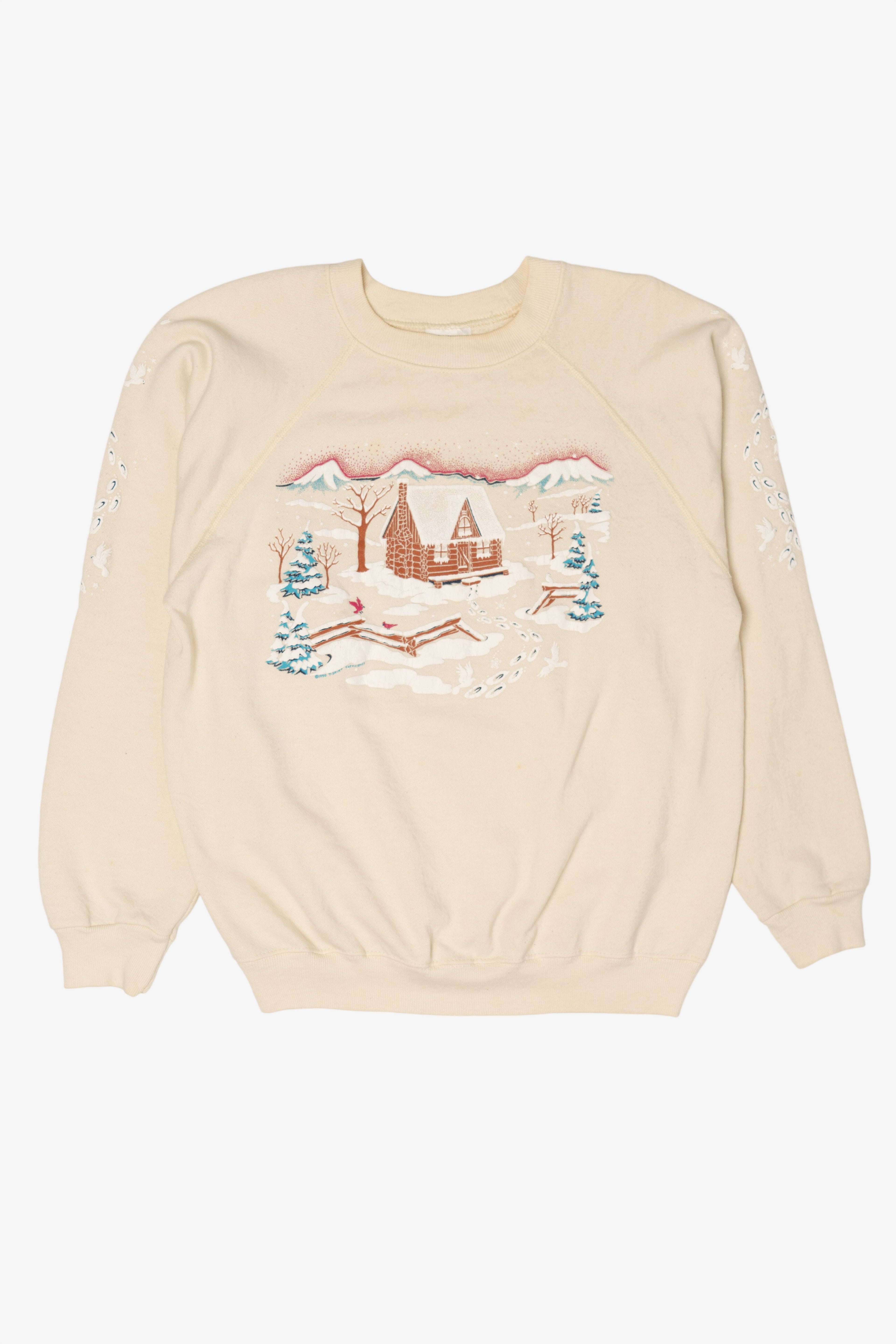 Vintage Embossed Winter Cabin Raglan Ugly Christmas Sweatshirt (1990s)