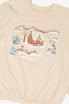 Vintage Embossed Winter Cabin Raglan Ugly Christmas Sweatshirt (1990s)