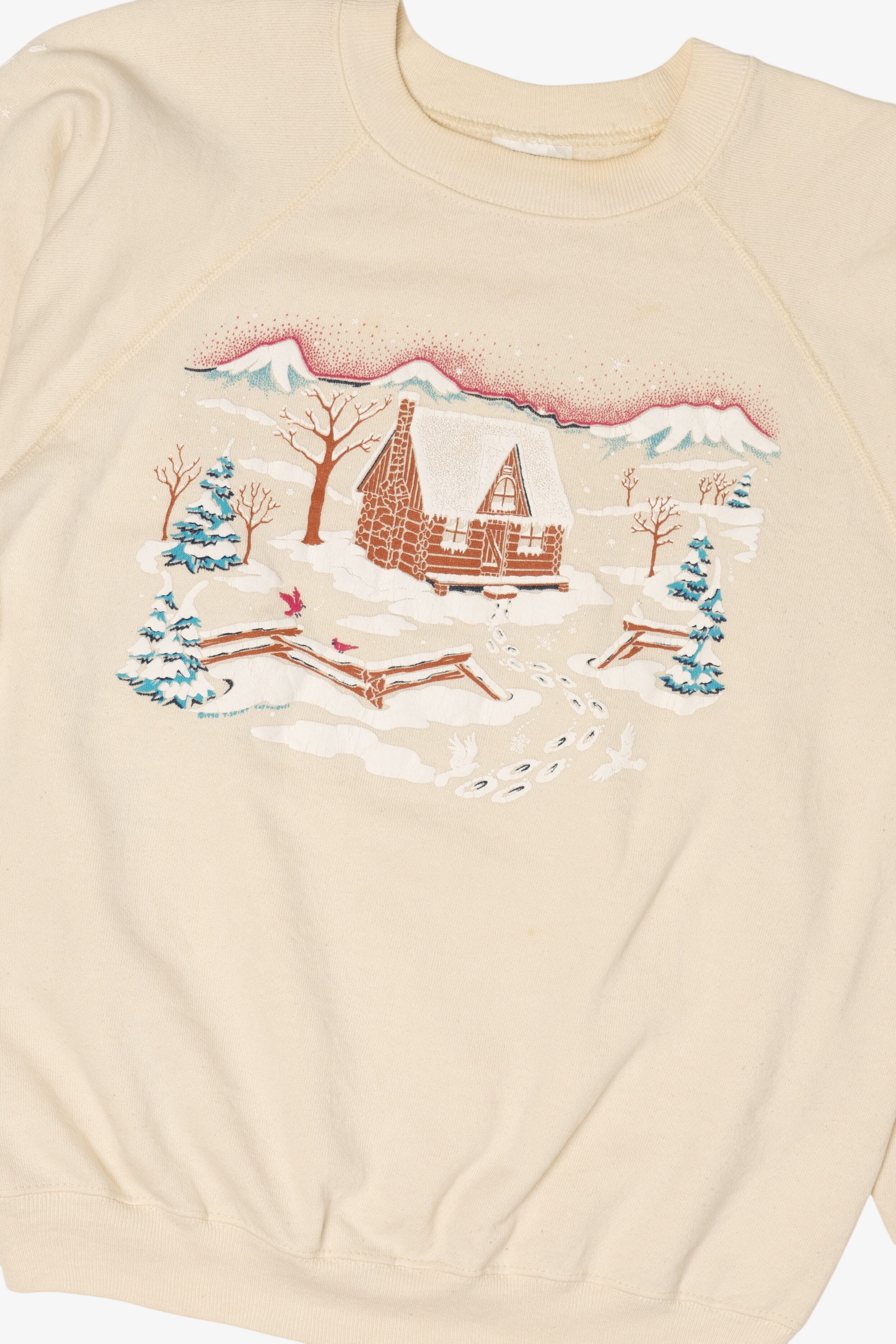 Vintage Embossed Winter Cabin Raglan Ugly Christmas Sweatshirt (1990s)