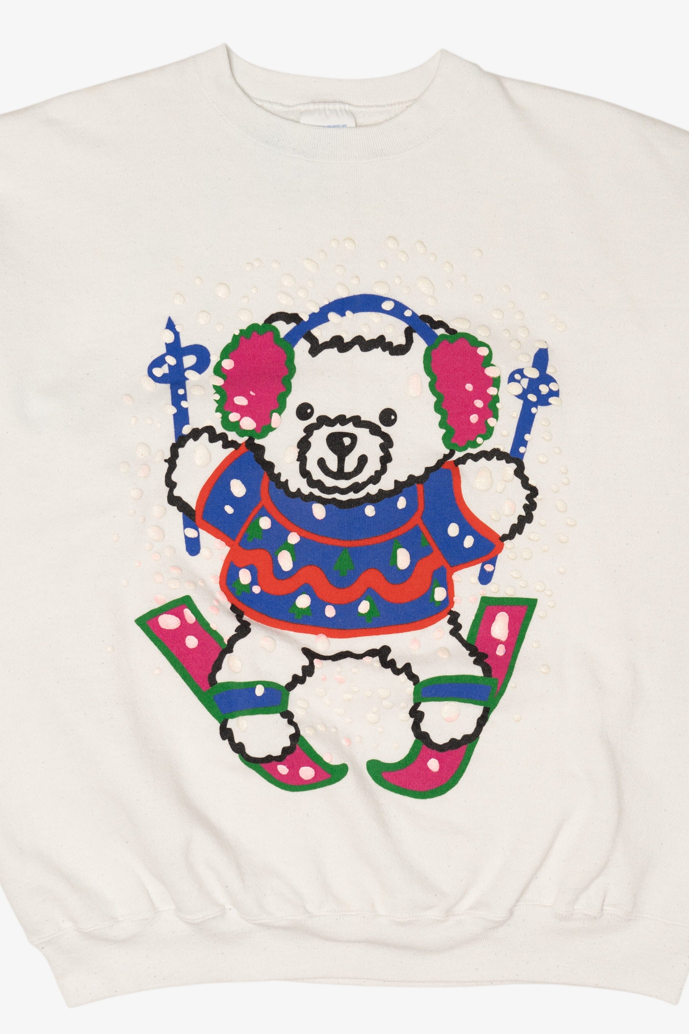 Vintage White Tultex Bear Skiing Ugly Christmas Sweatshirt (1990s)
