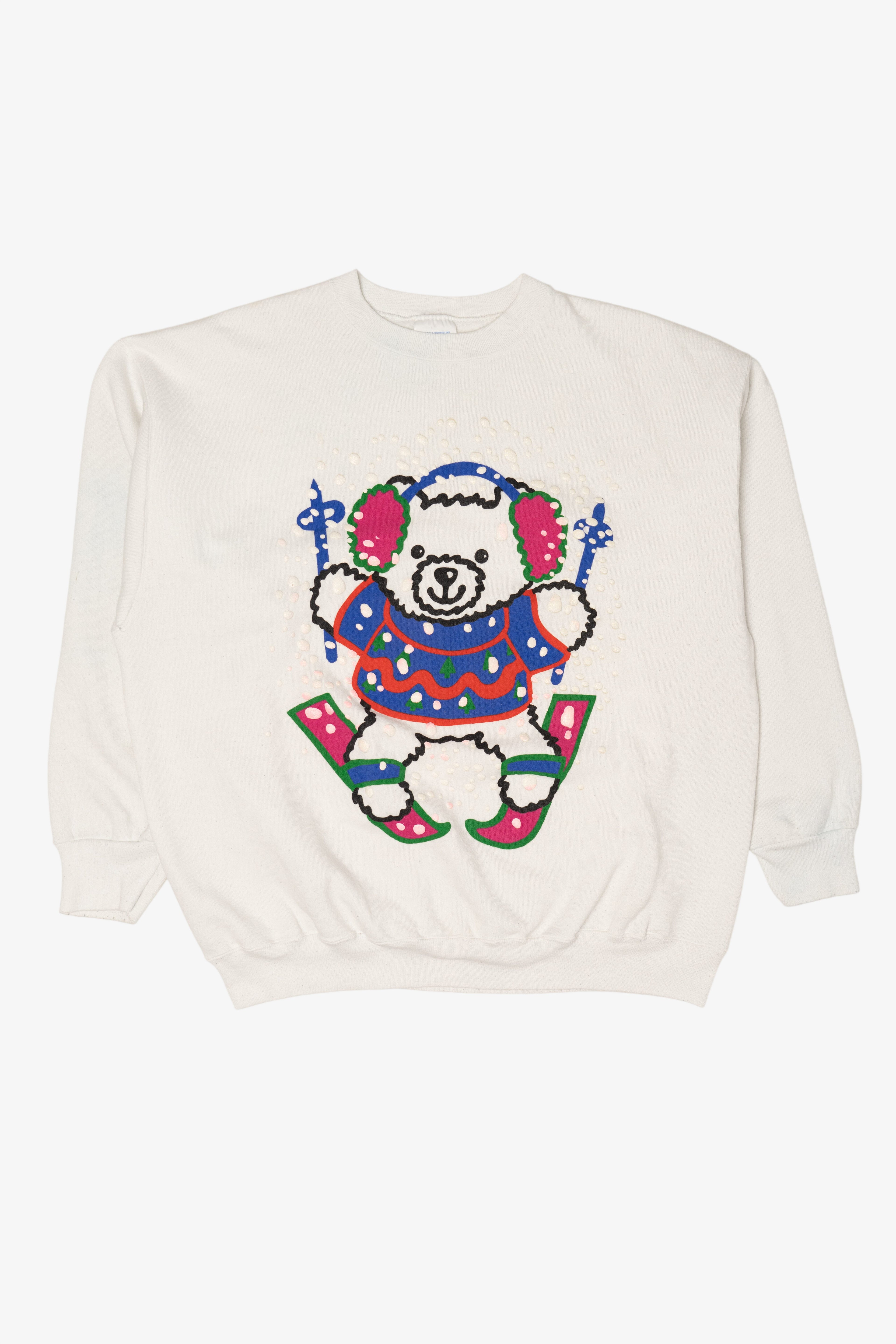 Vintage White Tultex Bear Skiing Ugly Christmas Sweatshirt (1990s)