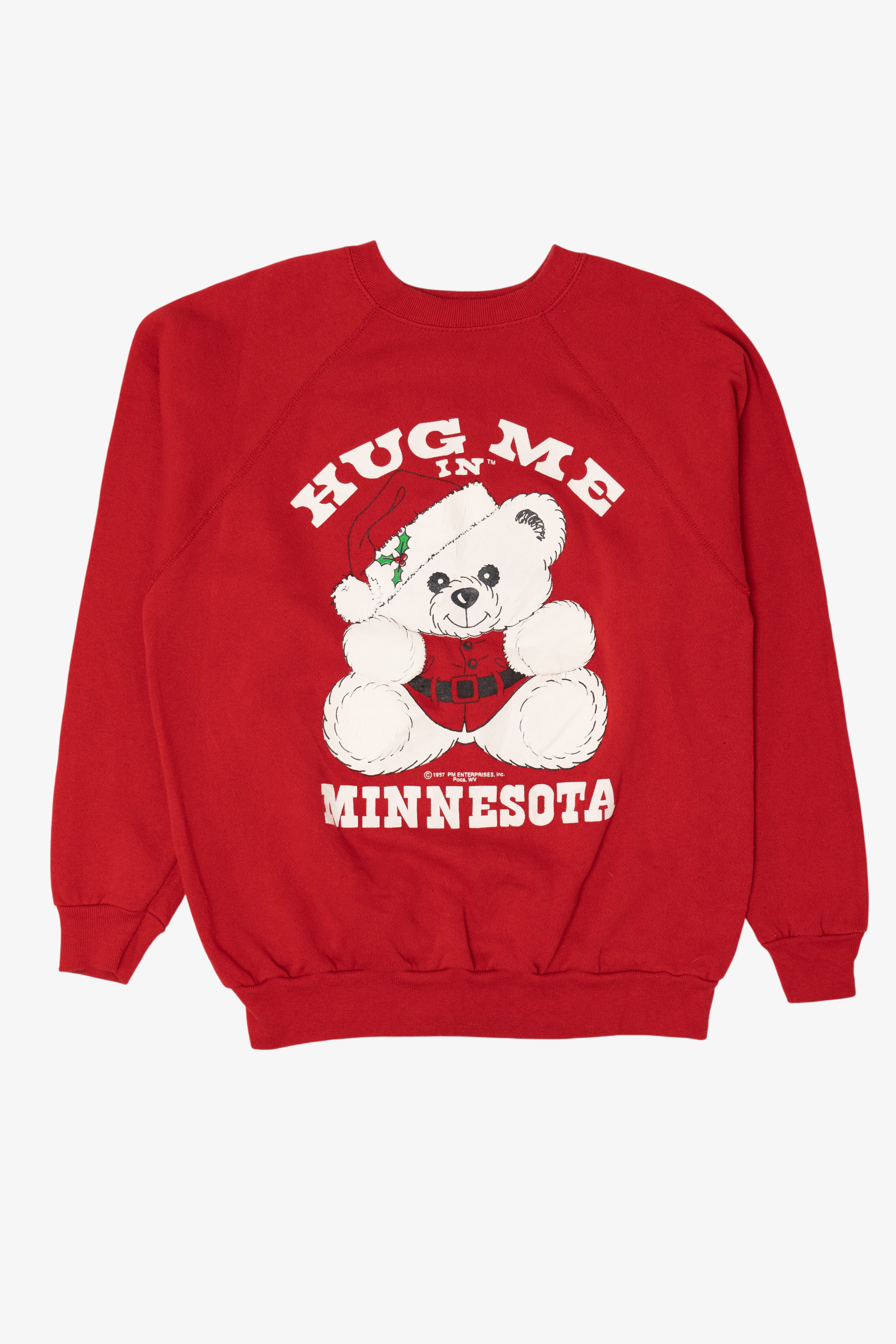 Vintage "Hug Me In Minnesota" Teddy Bear Raglan Ugly Christmas Sweatshirt (1990s)