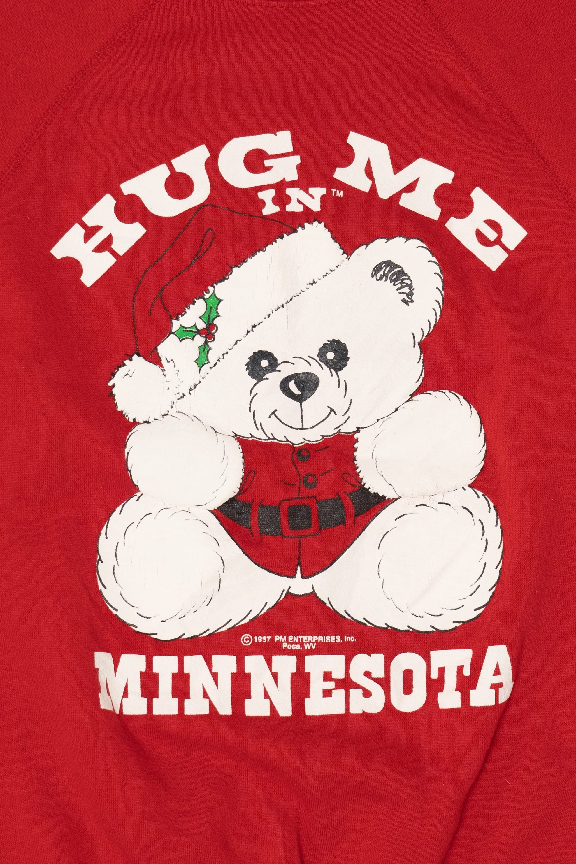 Vintage "Hug Me In Minnesota" Teddy Bear Raglan Ugly Christmas Sweatshirt (1990s)