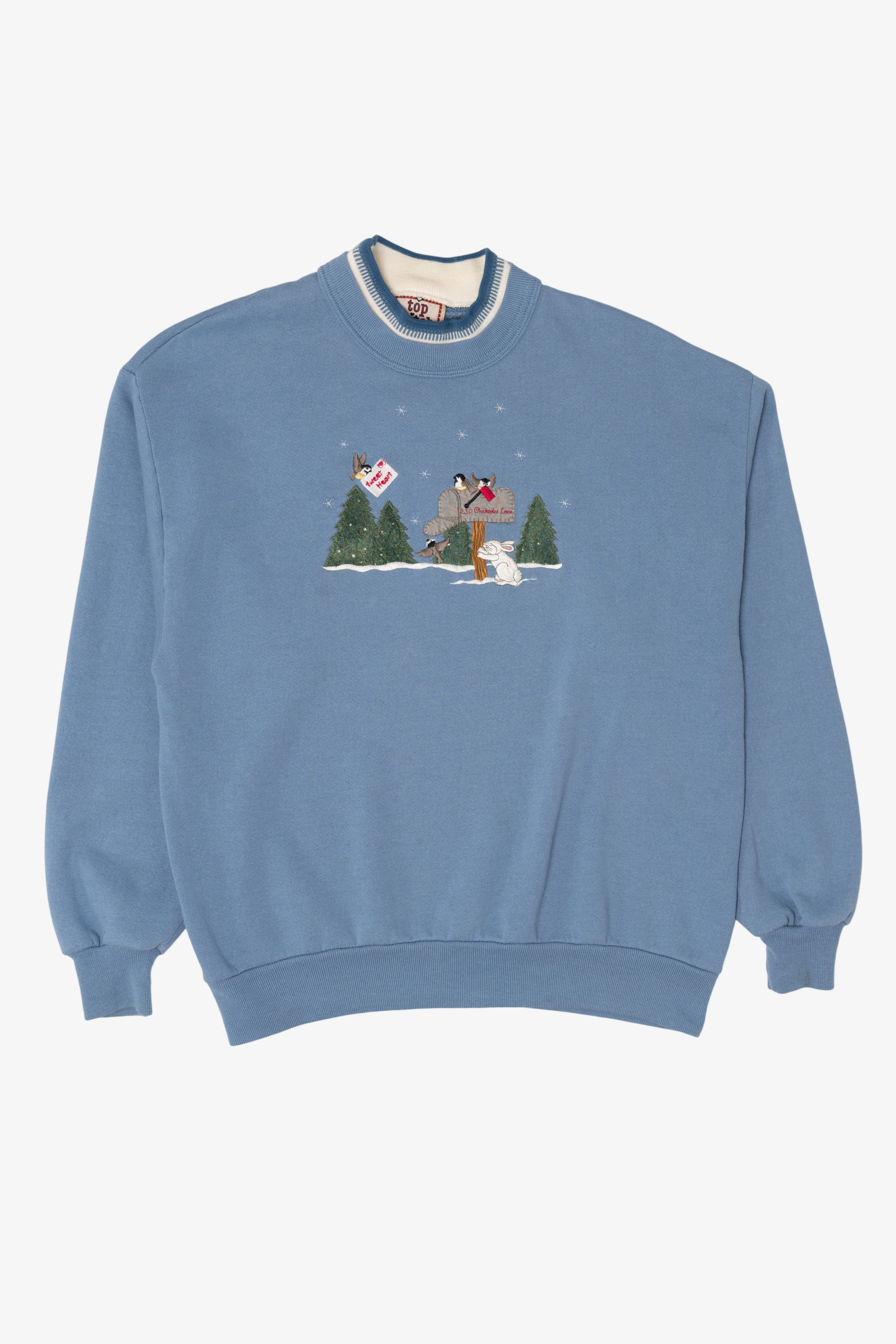 Vintage Light Blue Top Stitch Birds In Winter Ugly Christmas Sweatshirt (1990s)