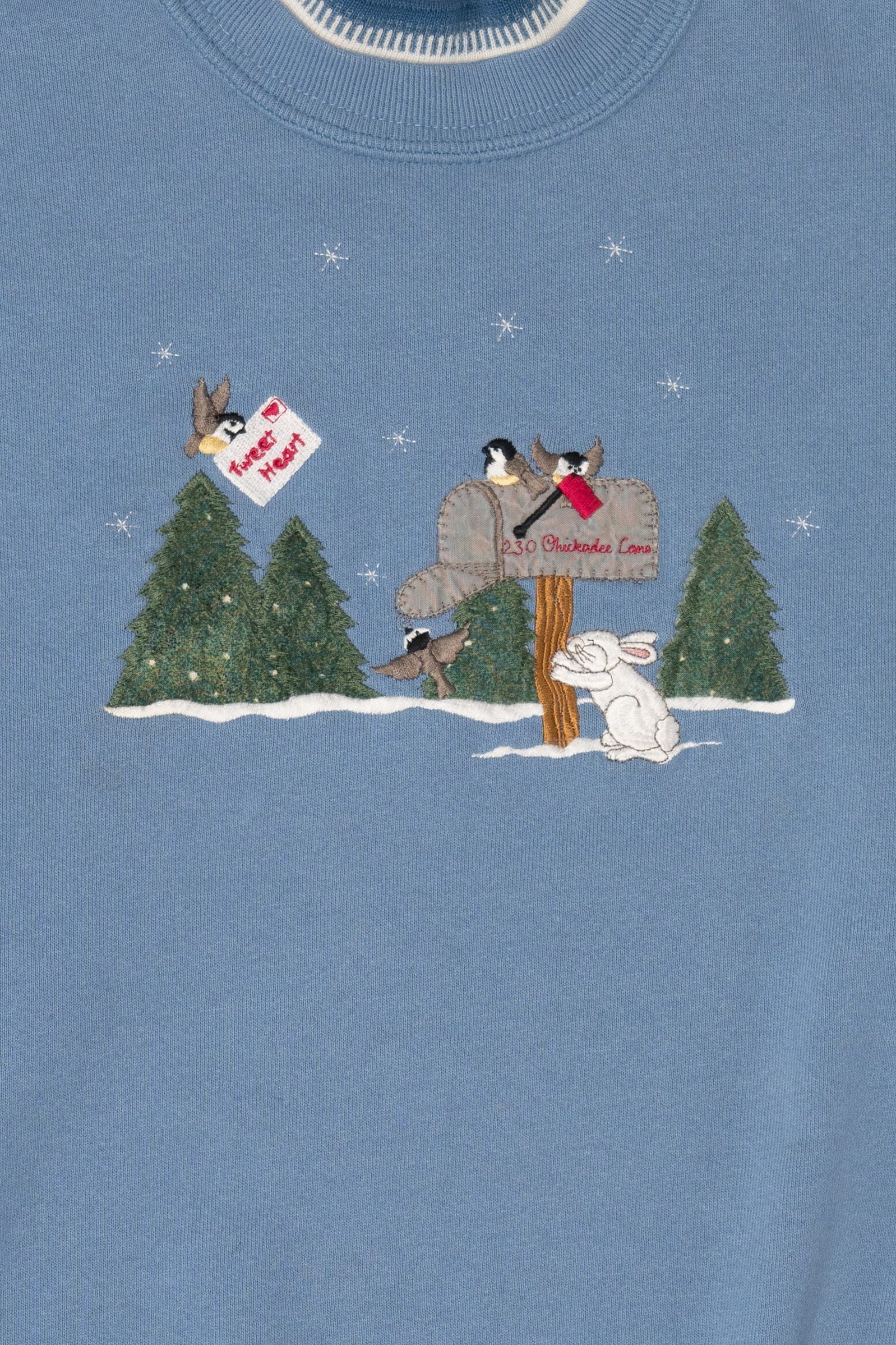 Vintage Light Blue Top Stitch Birds In Winter Ugly Christmas Sweatshirt (1990s)