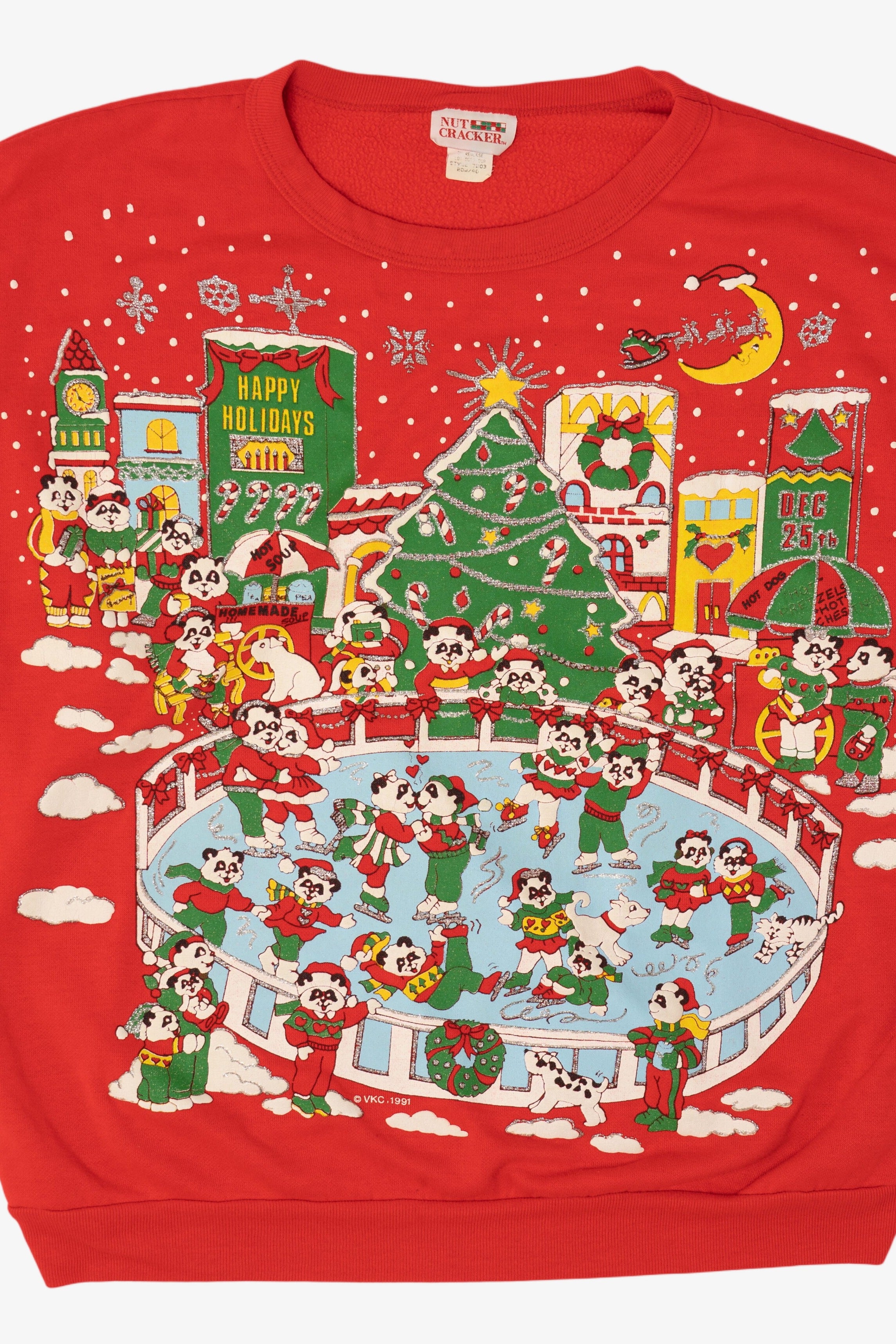 Vintage Red Embossed Nutcracker Panda Bears Ugly Christmas Sweatshirt (1990s)
