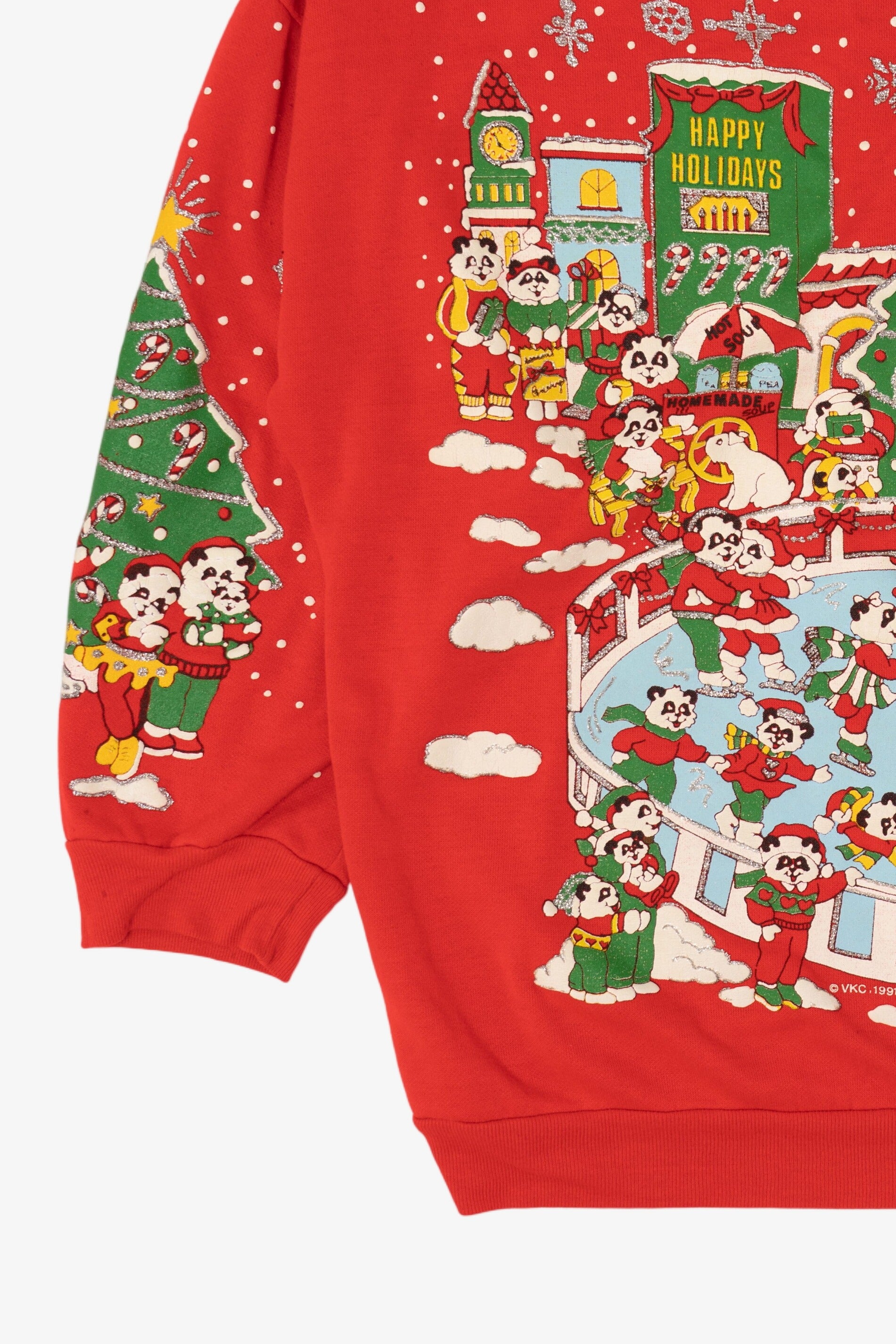 Vintage Red Embossed Nutcracker Panda Bears Ugly Christmas Sweatshirt (1990s)