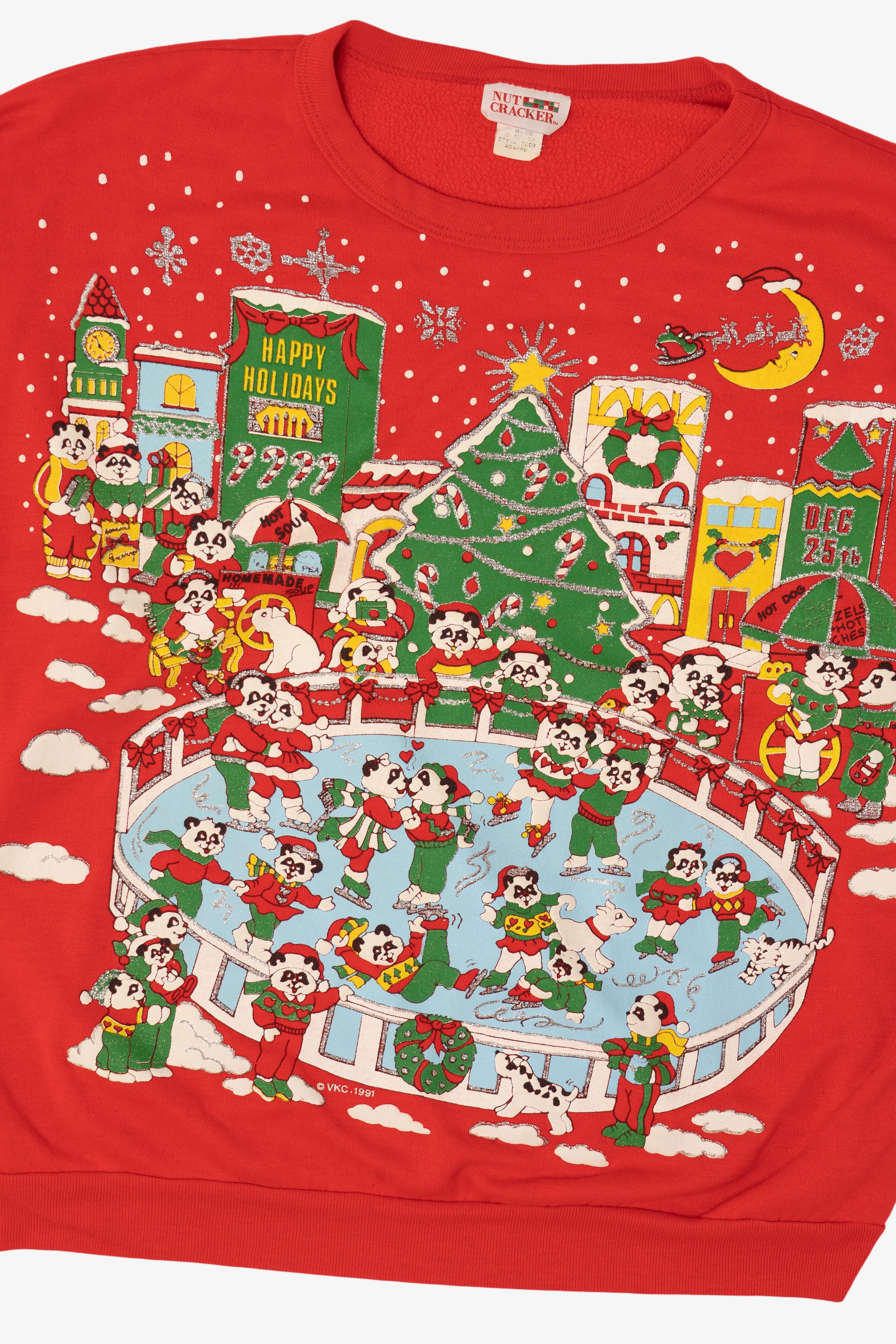 Vintage Red Embossed Nutcracker Panda Bears Ugly Christmas Sweatshirt (1990s)