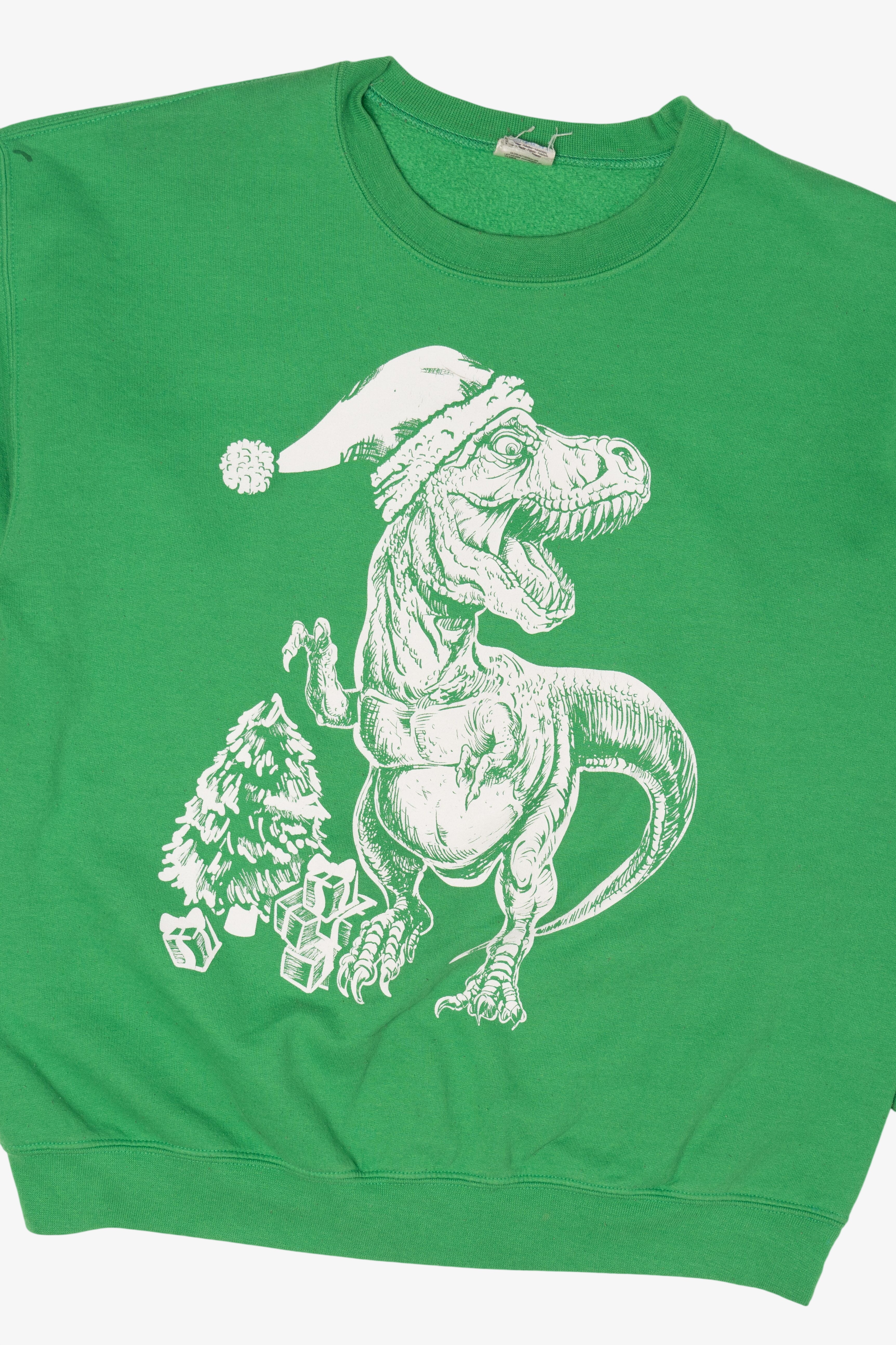 Green Dinosaur T-Rex Santa Ugly Christmas Sweatshirt (2010s)