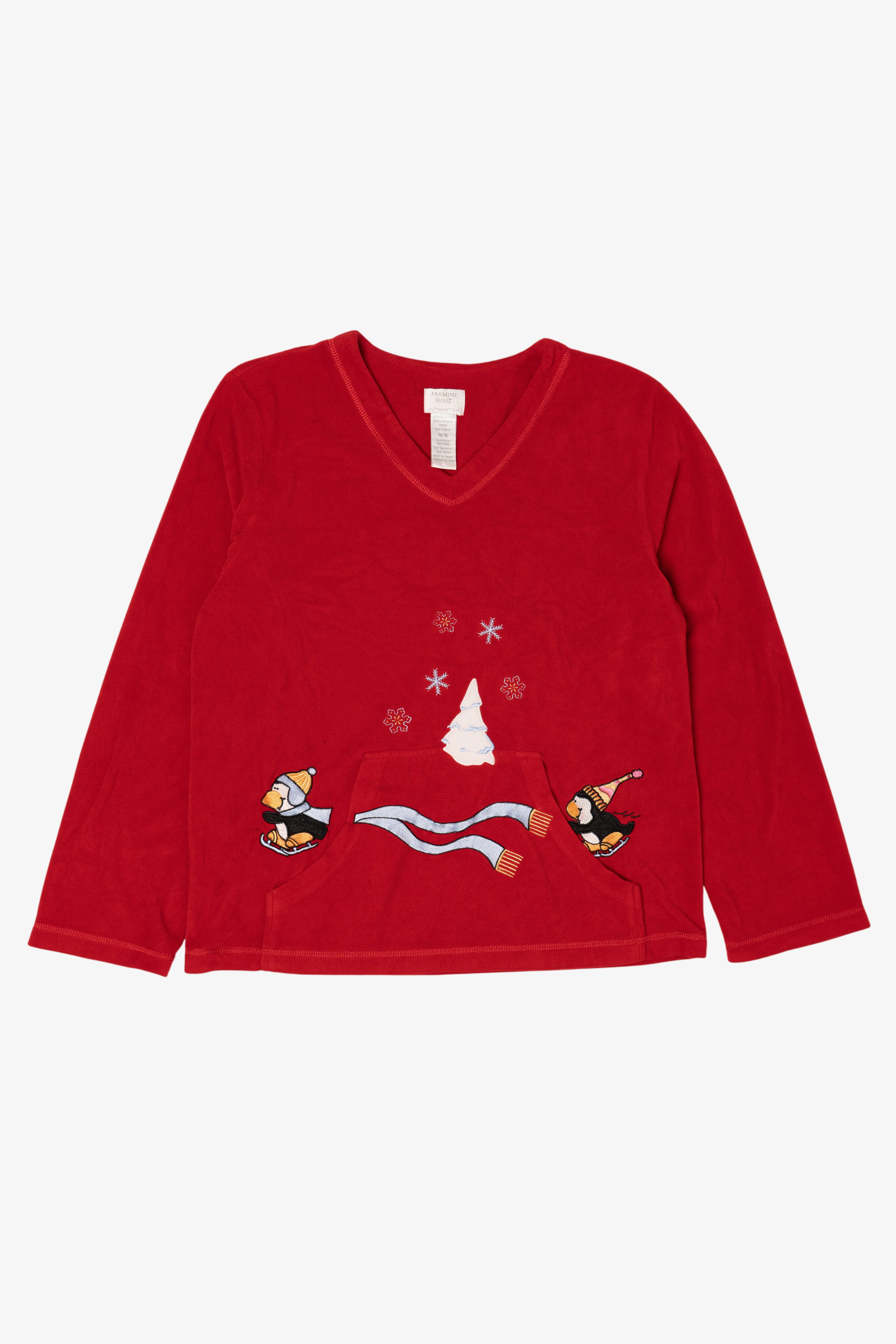 Vintage Red Jasmine Rose Penguins Ugly Christmas Pullover (2000s)