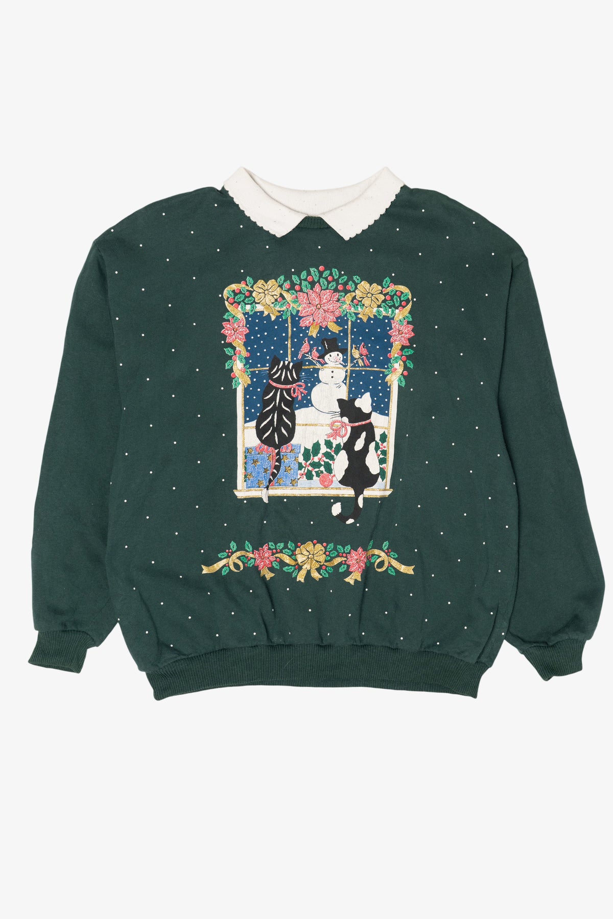 Vintage Hunter Green Spumoni Cats In Window Ugly Christmas Sweatshirt (1990s)