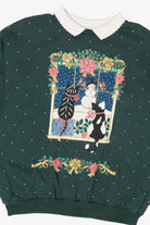 Vintage Hunter Green Spumoni Cats In Window Ugly Christmas Sweatshirt (1990s)