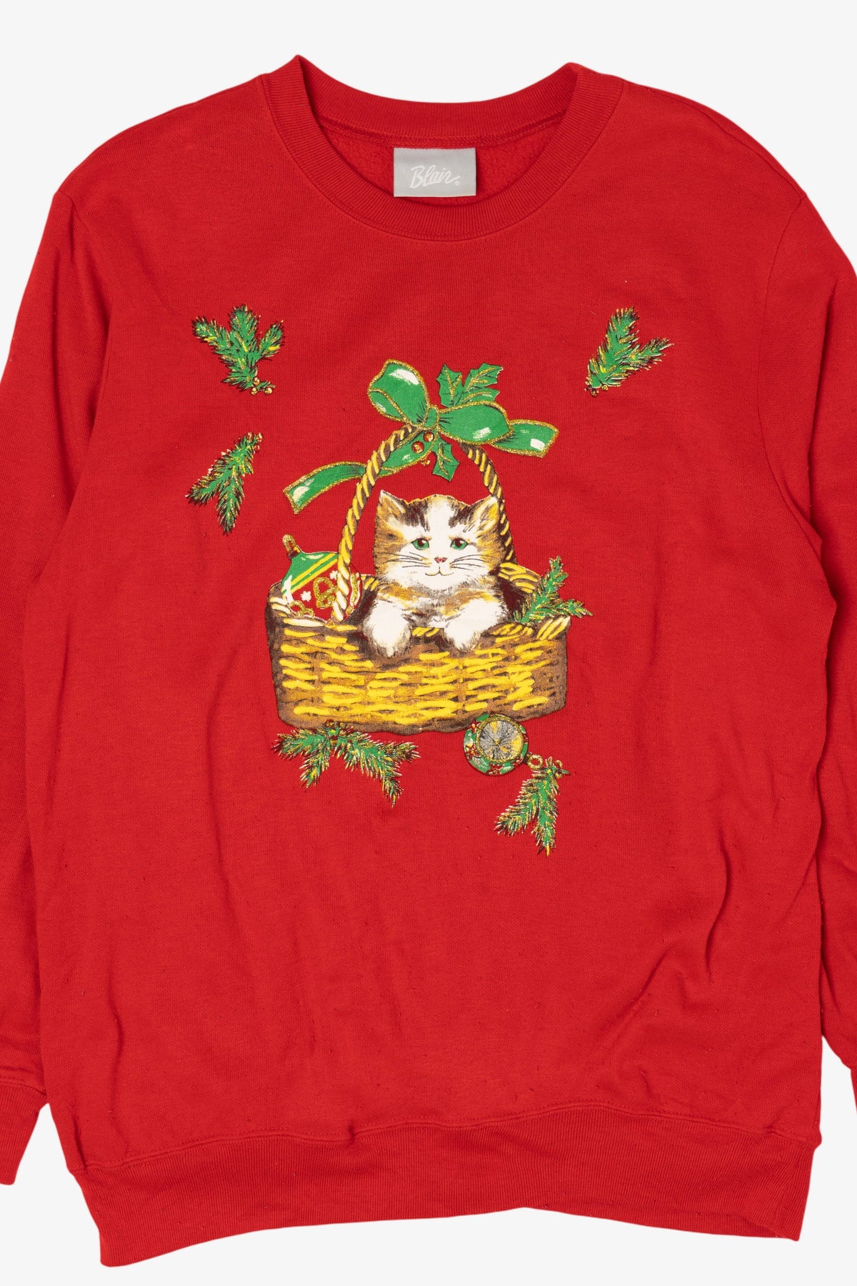 Vintage Red Blair Cat In Basket Ugly Christmas Sweatshirt (1990s)
