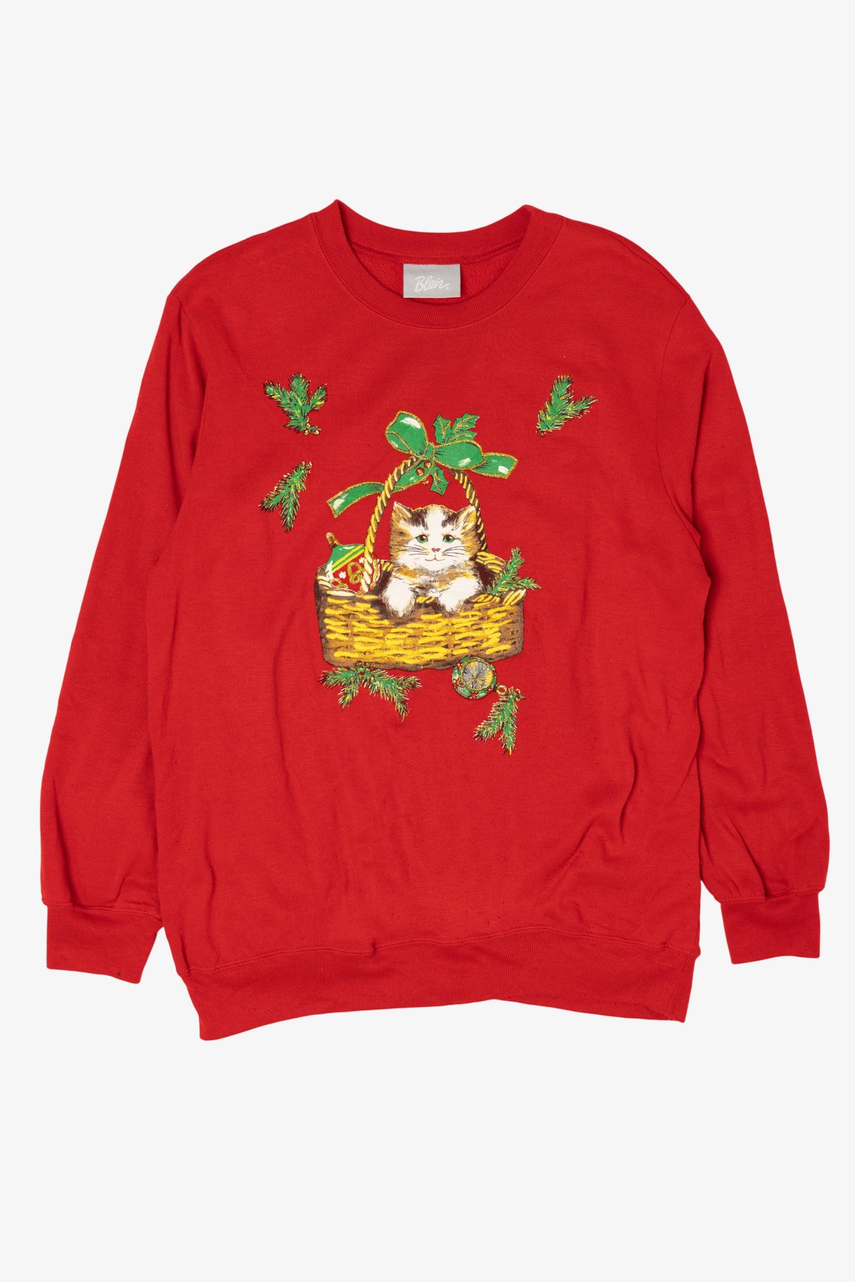 Vintage Red Blair Cat In Basket Ugly Christmas Sweatshirt (1990s)