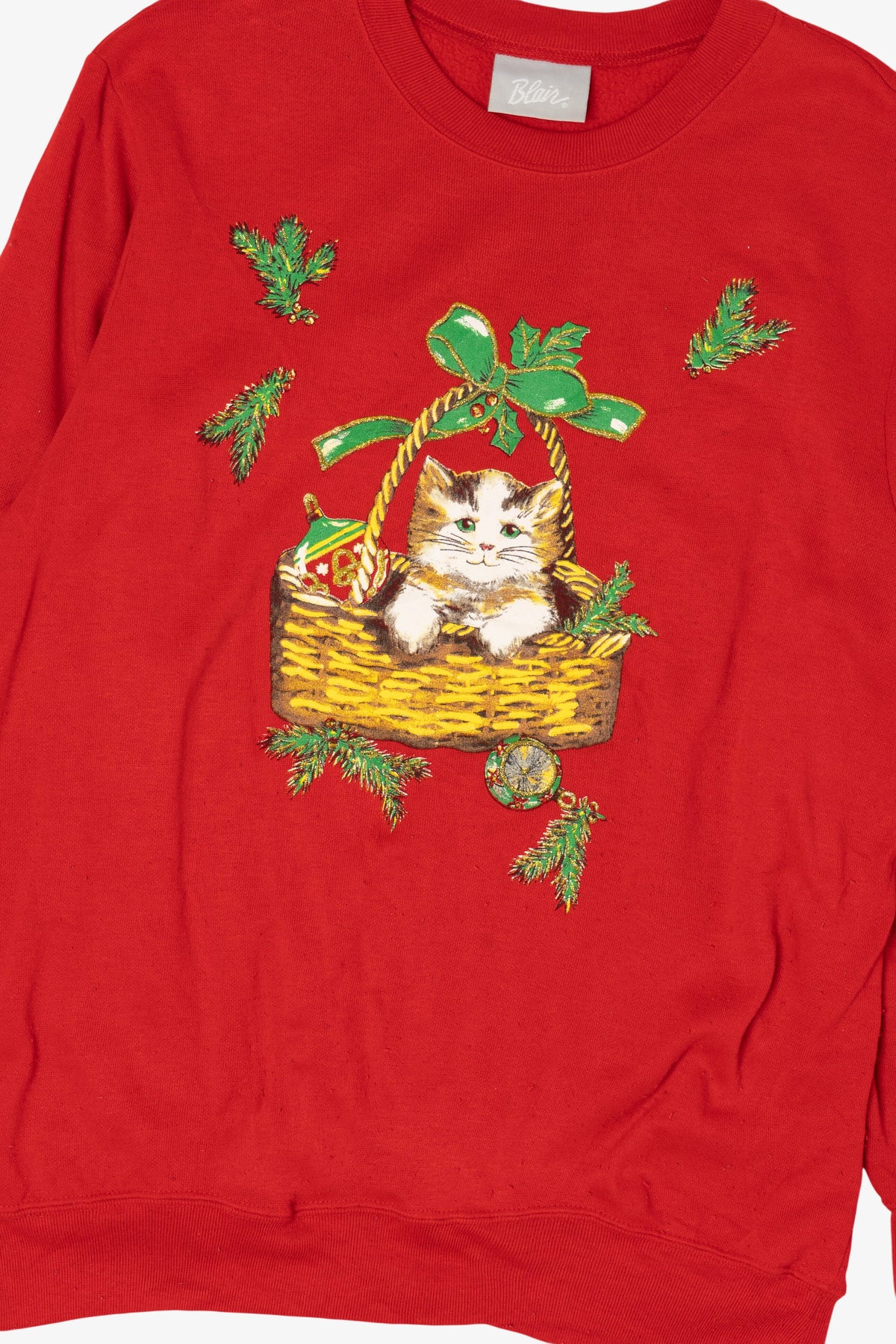 Vintage Red Blair Cat In Basket Ugly Christmas Sweatshirt (1990s)