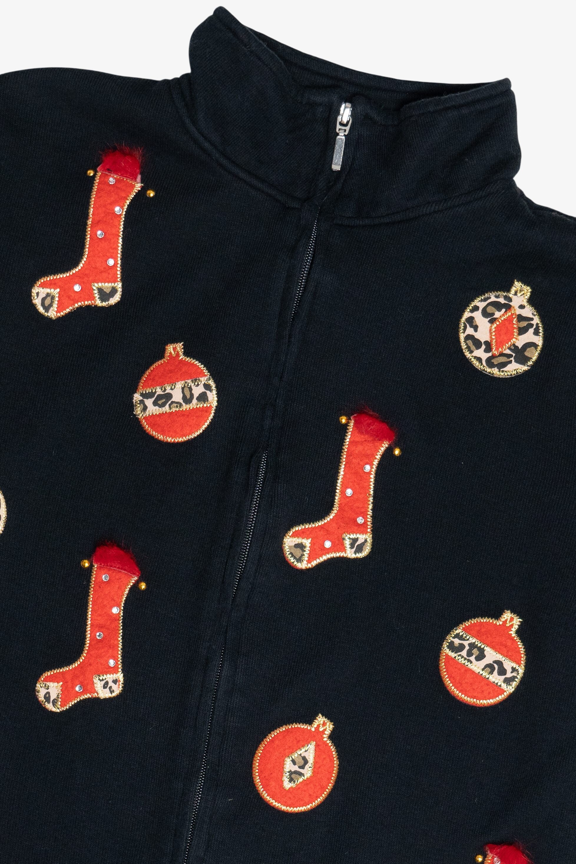 Vintage Cheetah Print Details Mockneck Zip-Up Ugly Christmas Sweater (2000s)