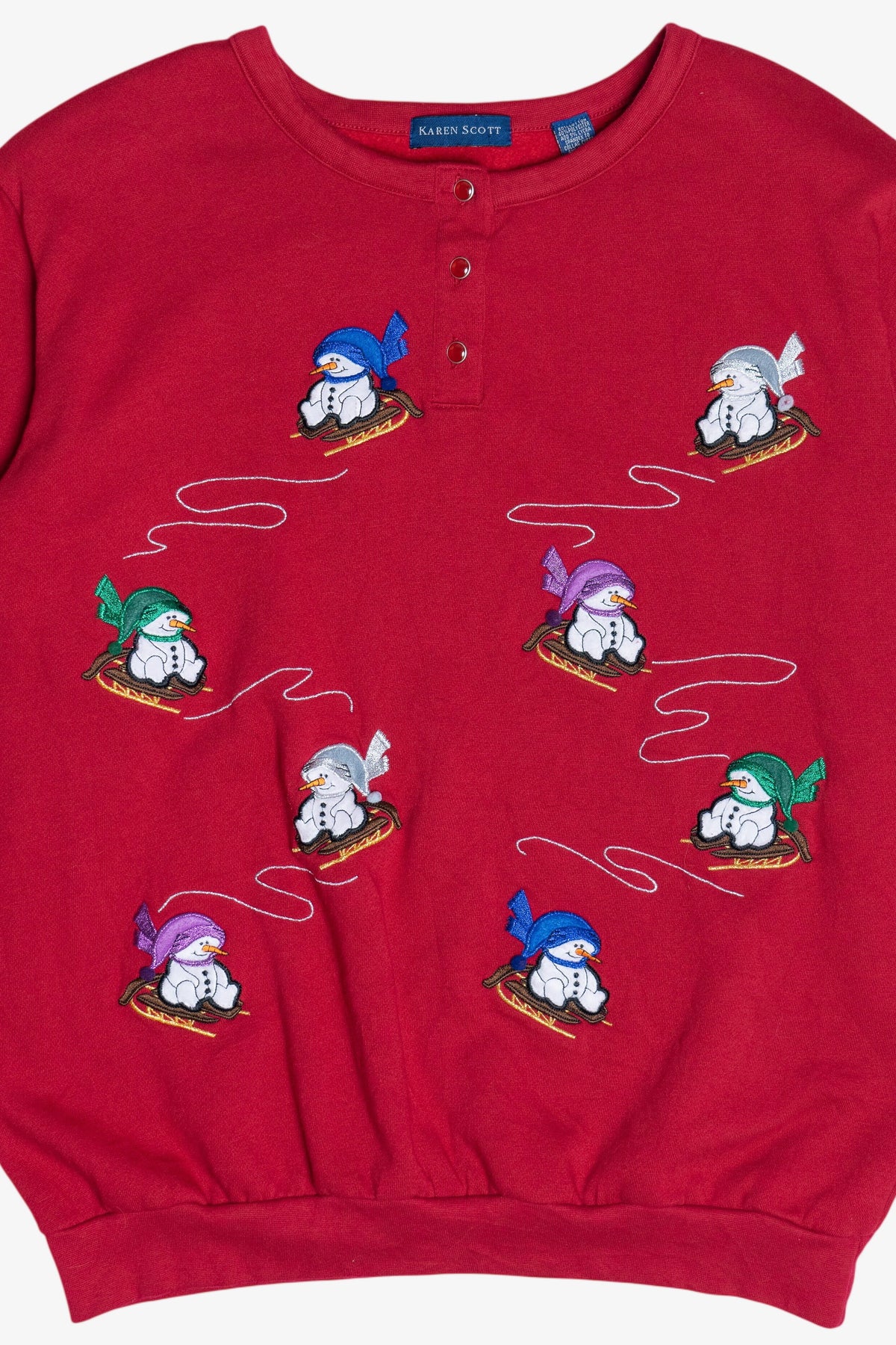 Vintage Sledding Snowmen Three Button Ugly Christmas Sweatshirt (1990s)