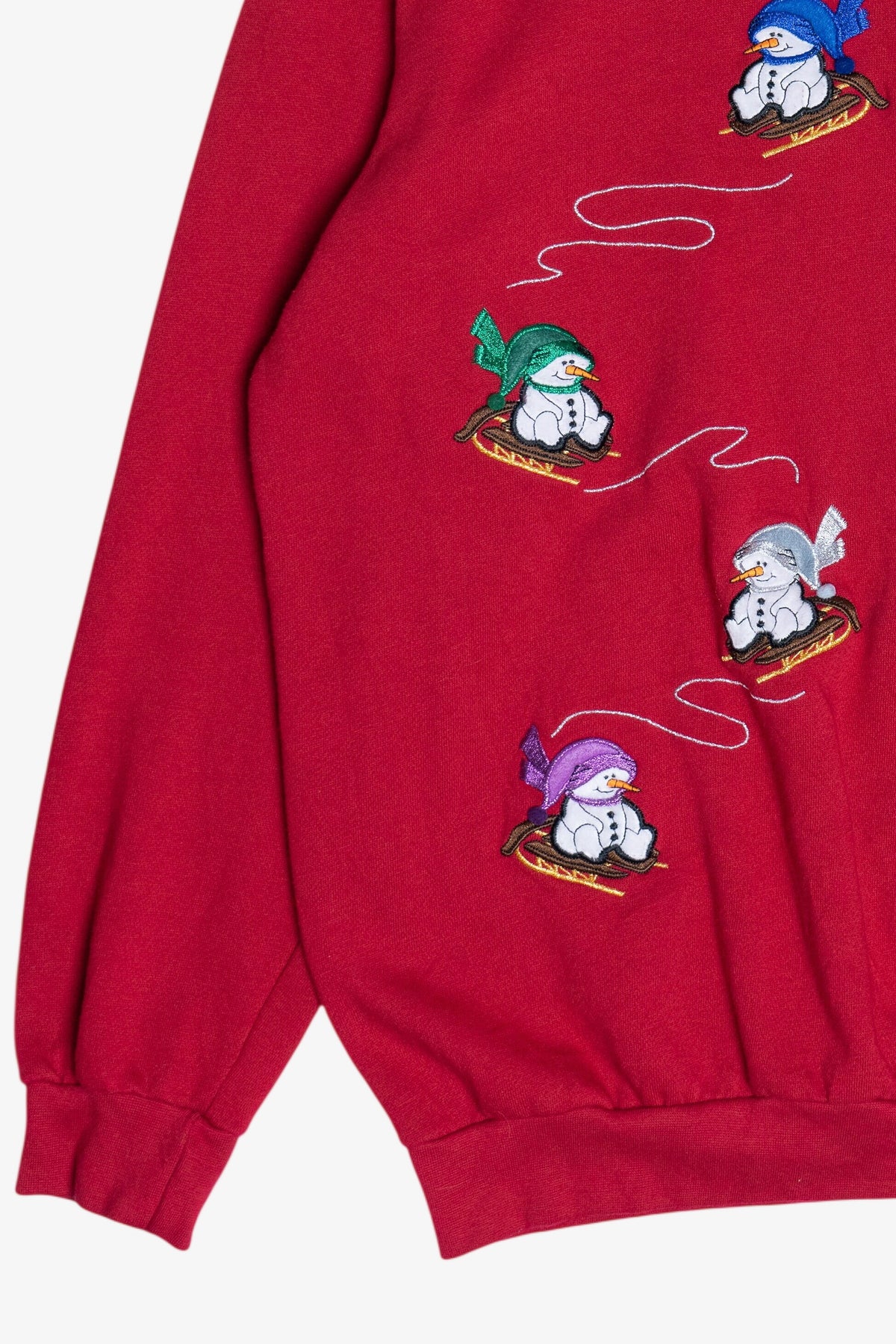 Vintage Sledding Snowmen Three Button Ugly Christmas Sweatshirt (1990s)