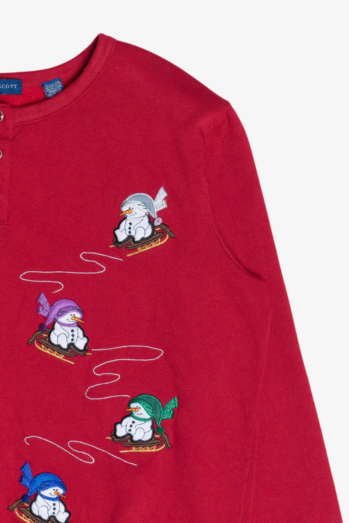 Vintage Sledding Snowmen Three Button Ugly Christmas Sweatshirt (1990s)