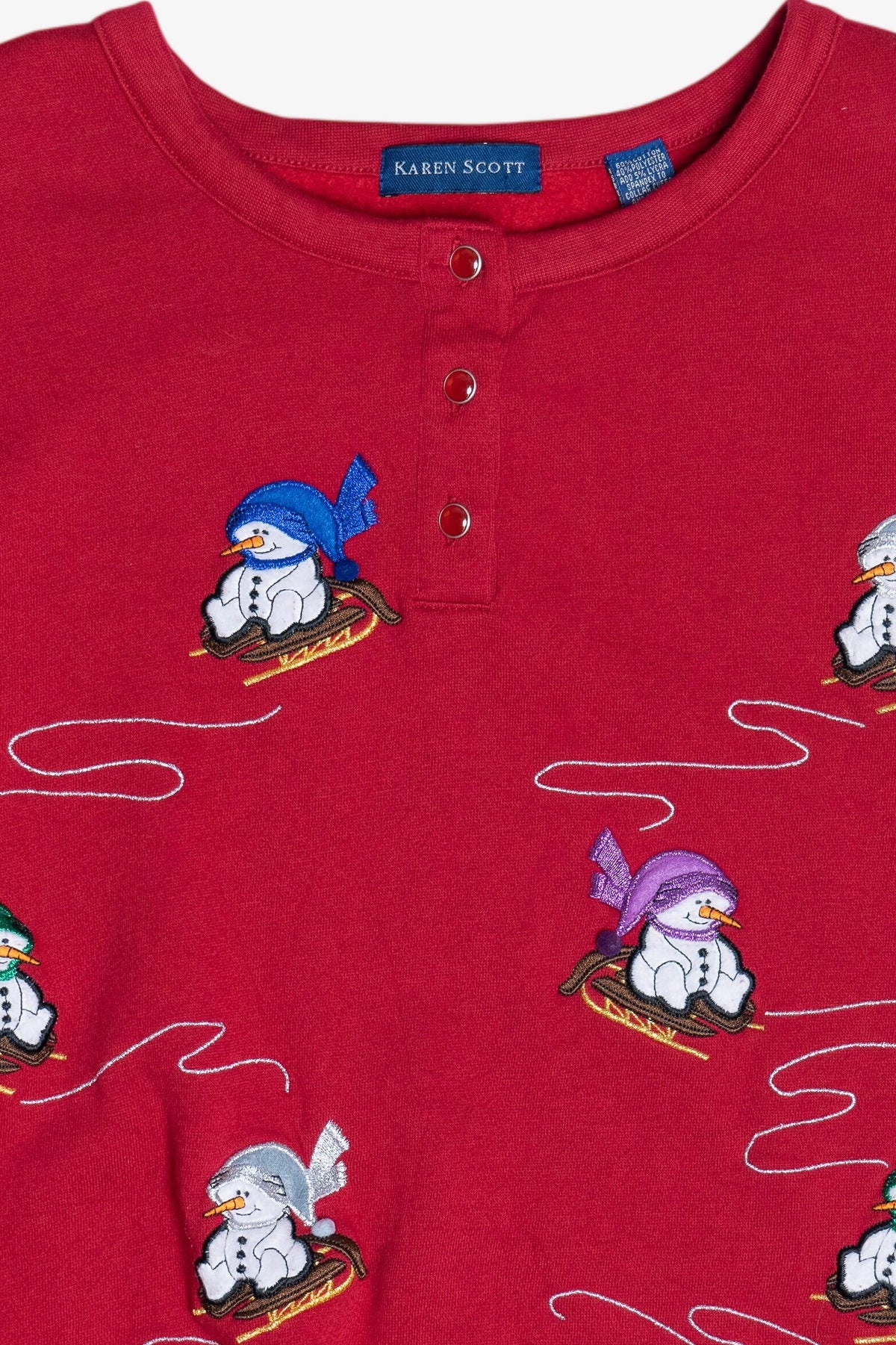 Vintage Sledding Snowmen Three Button Ugly Christmas Sweatshirt (1990s)